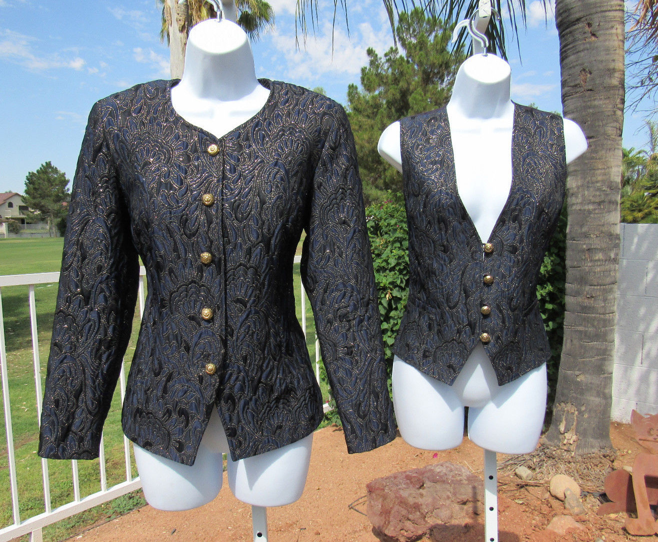 VTG 1980s 90s MADELEINE JACKET & VEST DARK BLUE BLACK GOLDEN METALLIC QUILTED