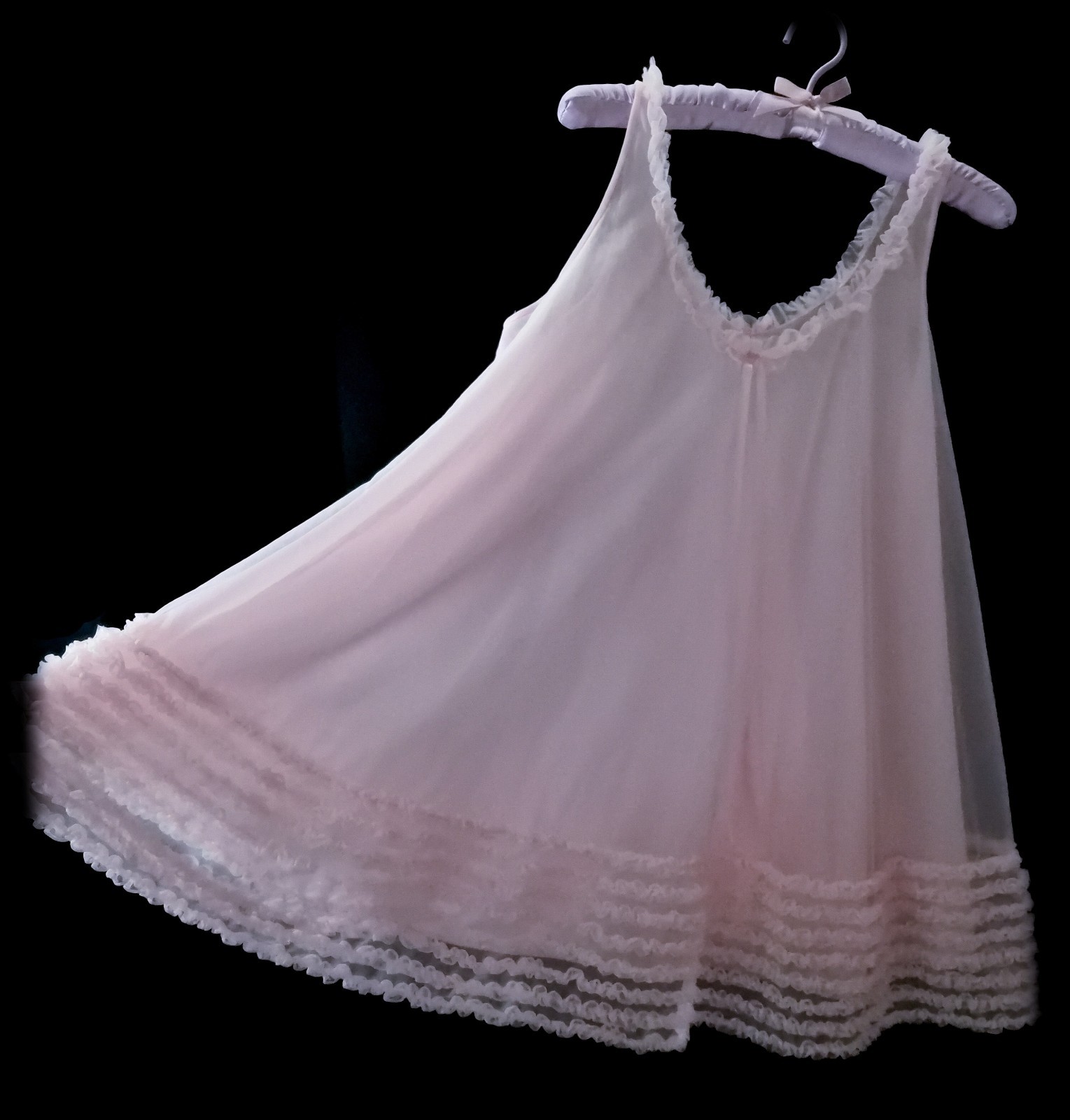 60s Vintage ENGLAND Sheer CHIFFON Pink NYLON Babydoll Dress POOFY Bows Lace M/L