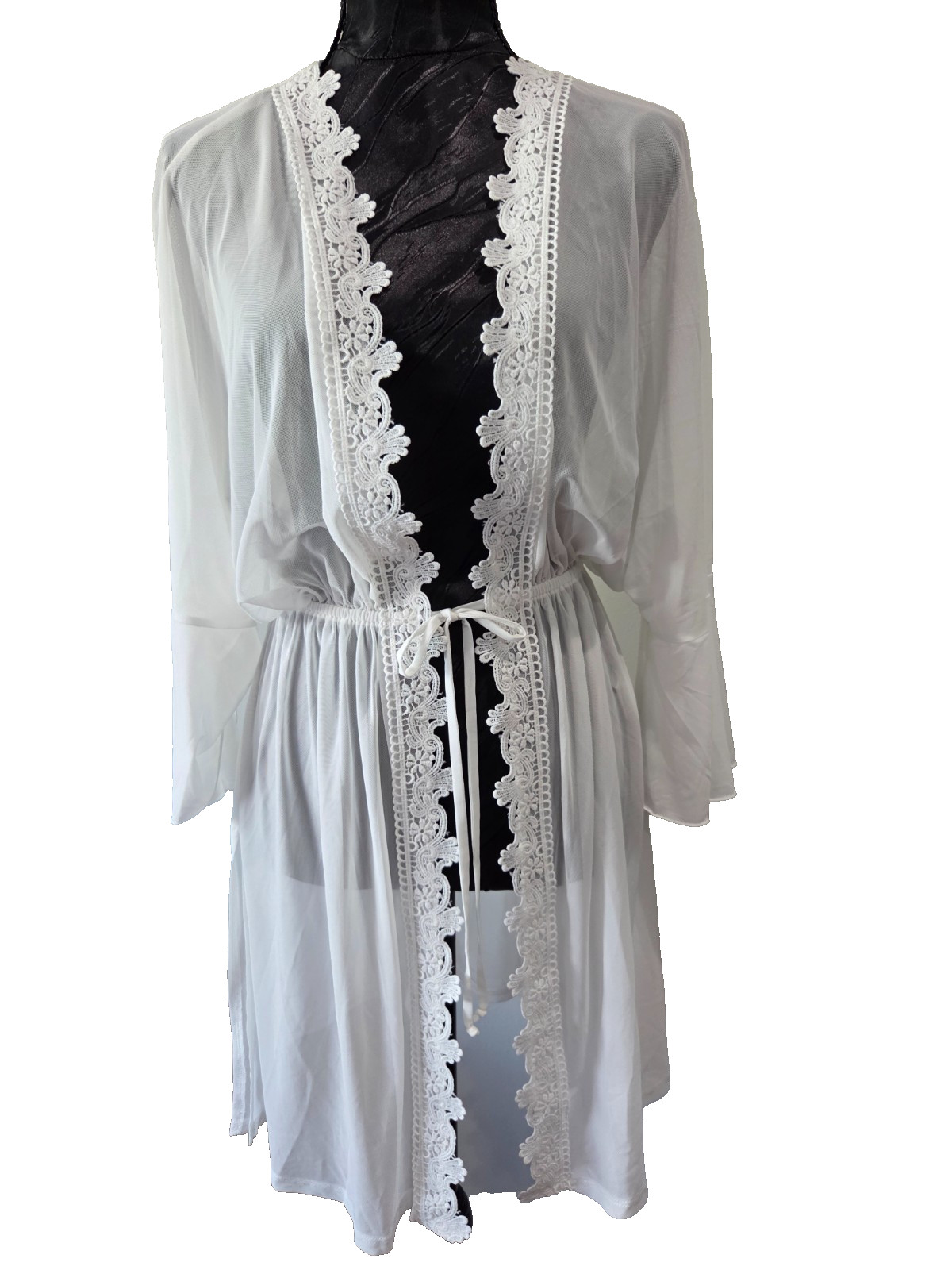 Vintage Sheer White Tie Lingerie Cover up Blouse Transparent Top Size Small