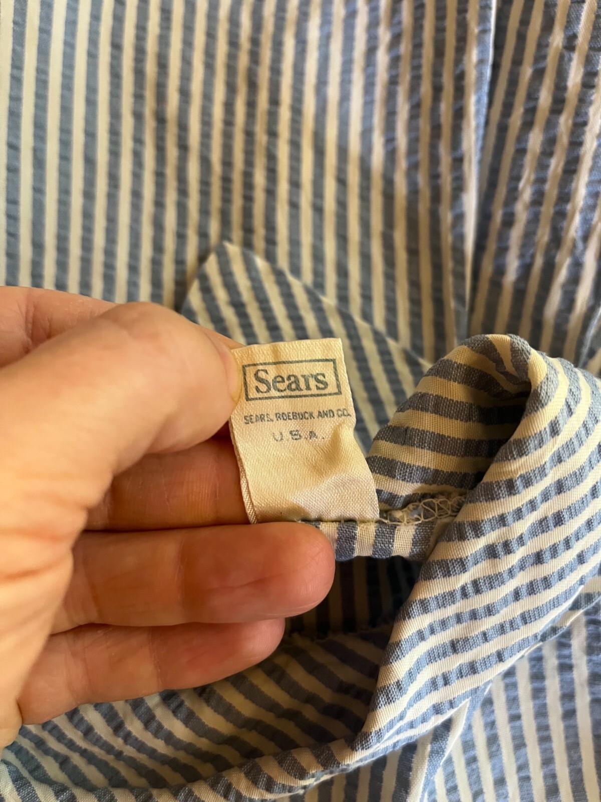 Vintage 70s Sears Size 12 1/2 Blue Stripe Seersucker Dress Sleeveless Drop Waist