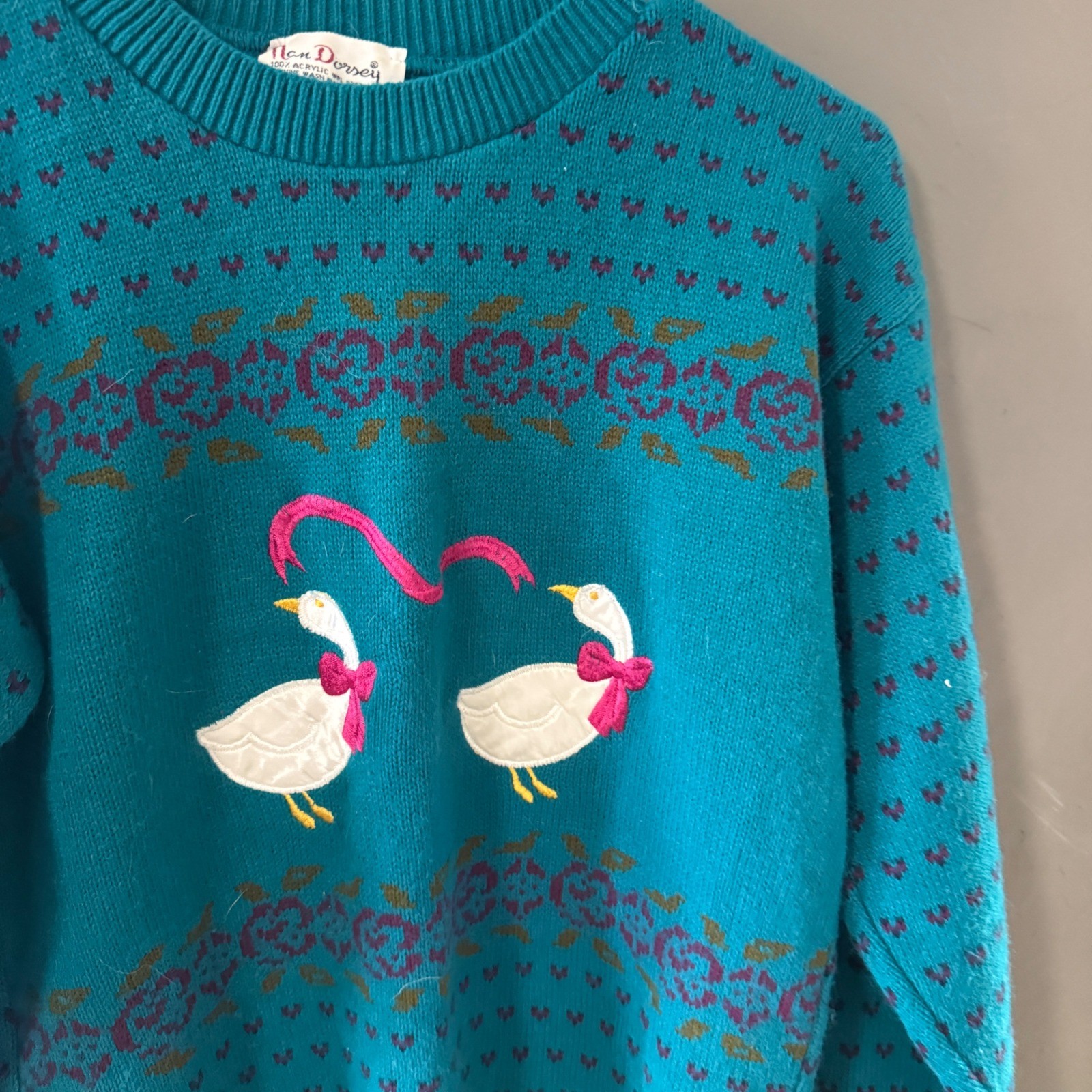 Vintage 80s Nan Dorsey Teal Goose Embroidered Knit Sweater USA Cottagecore