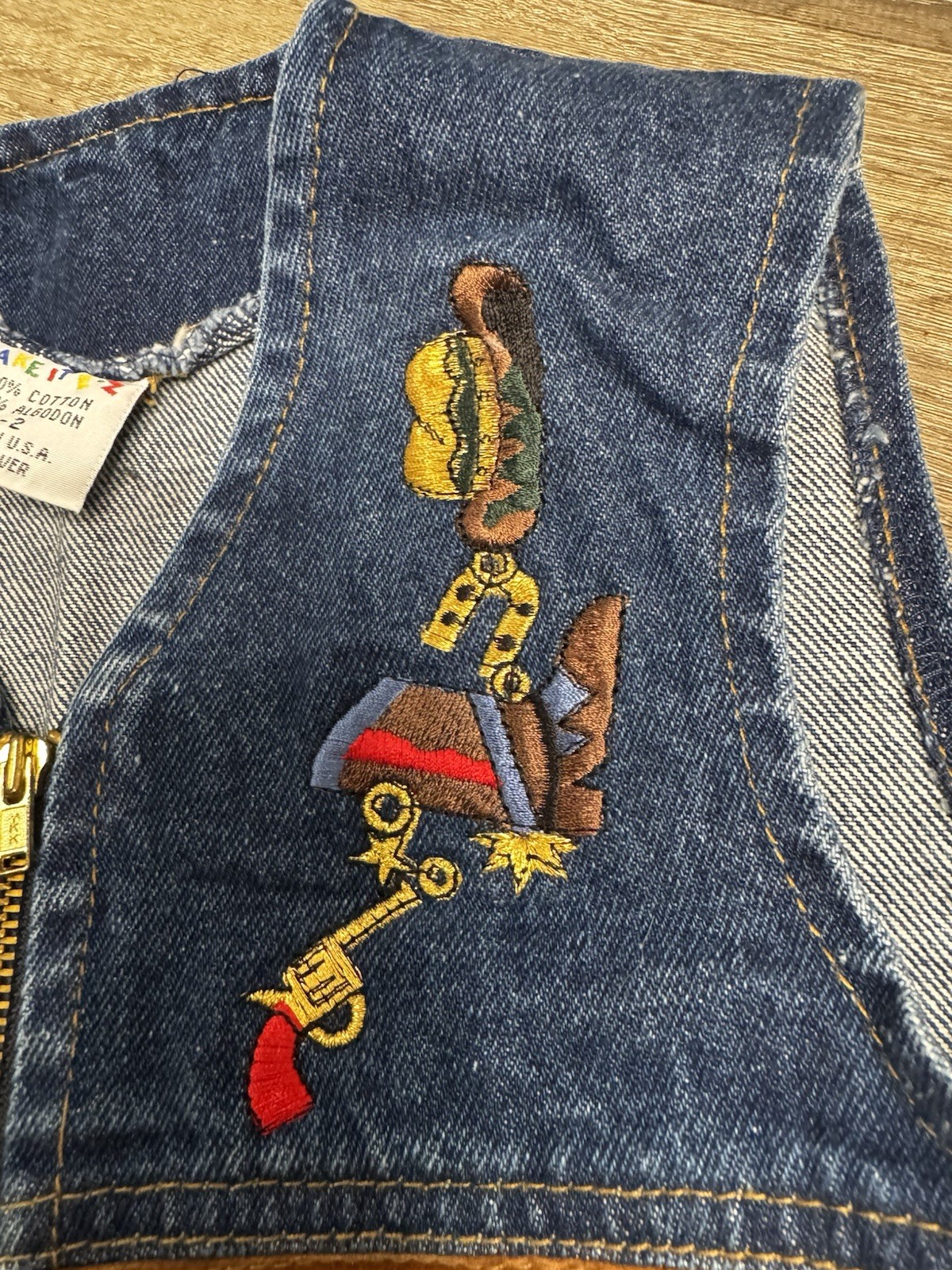 Vintage Take It-Ez Kids Unisex Denim Vest Size 1-2 Blue/Brown Fringe Zip Front