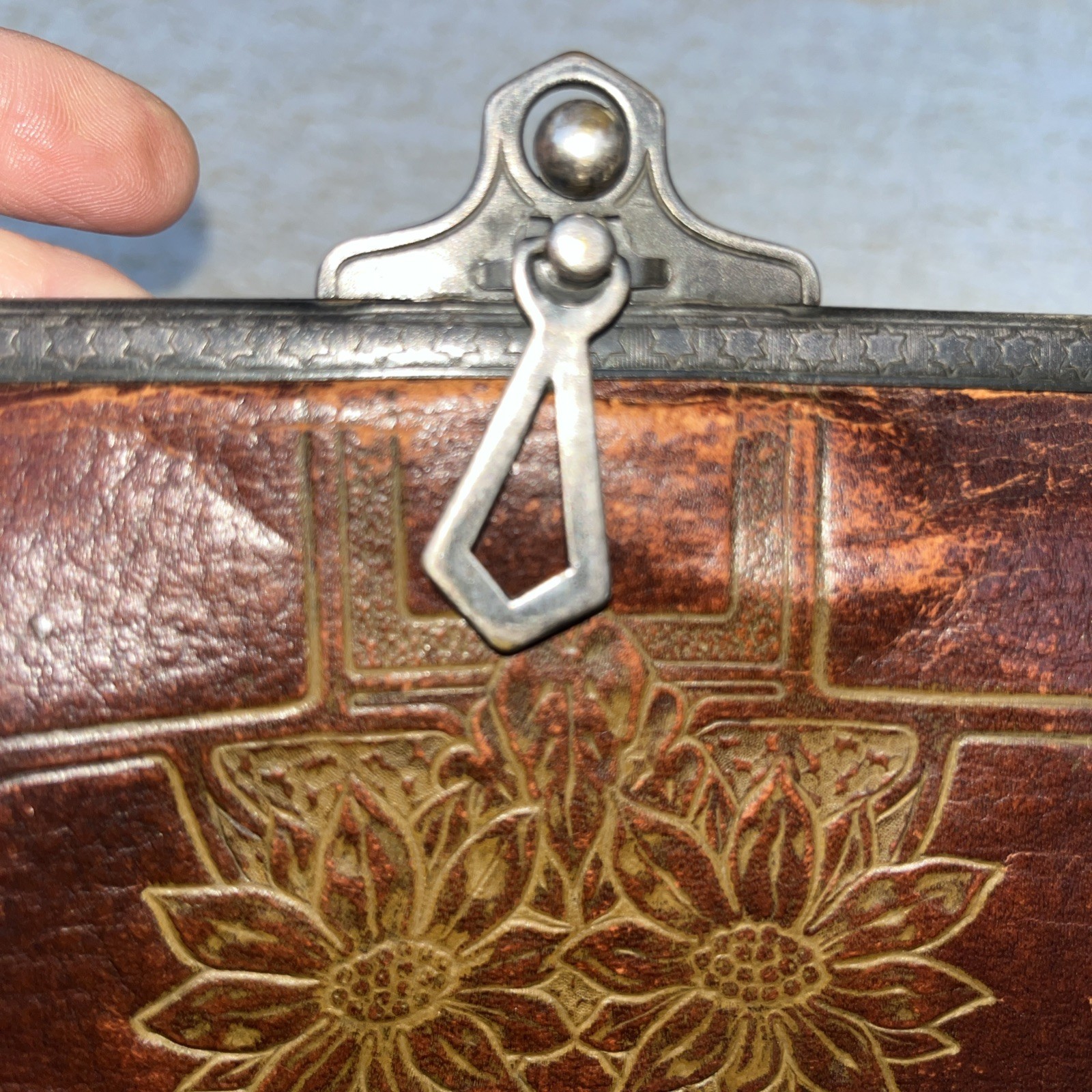 Vintage Tooled LEATHER BROWN Purse Embossed Nice Patina Nouveau Strap See Pics