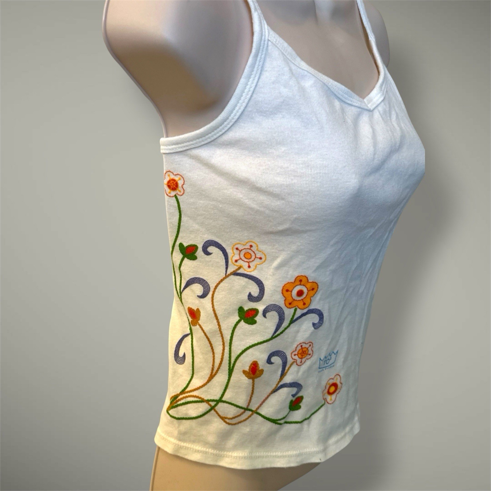 VTG 90s Todd Oldham TO2 Off White Floral Graphic Lace Up Back Tank Top Womens M