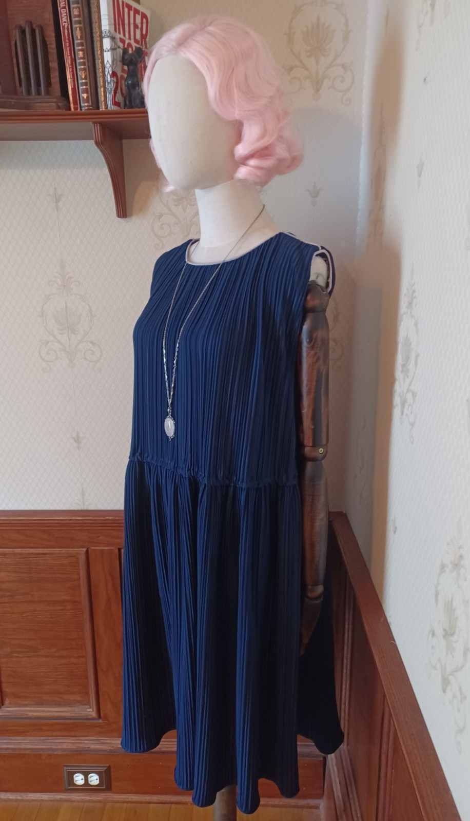 Vintage 1970s/80s Hal Ferman Sleeveless Accordion Pleat Navy Dress w/ White Trim