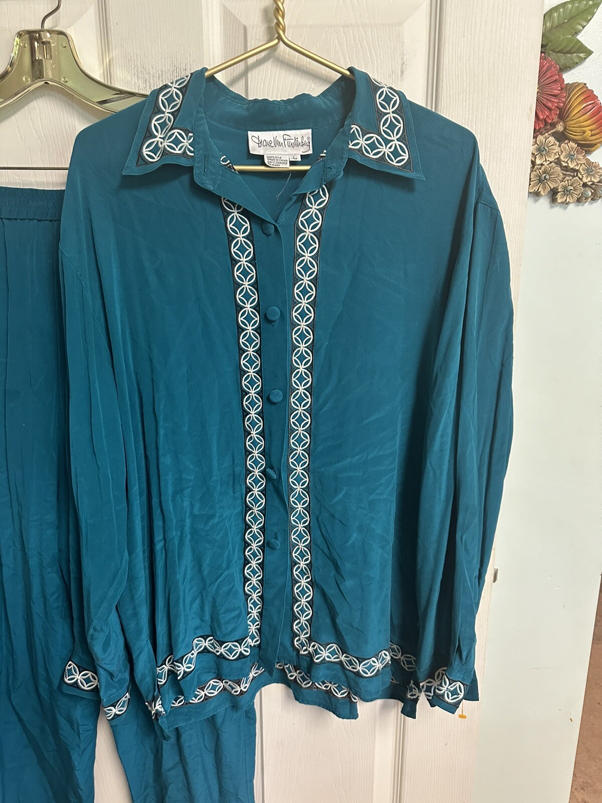 Vnt 90s Diane Von Furstenberg Neon Silk Pant Suit Teal Orange Asian Floral Med/L