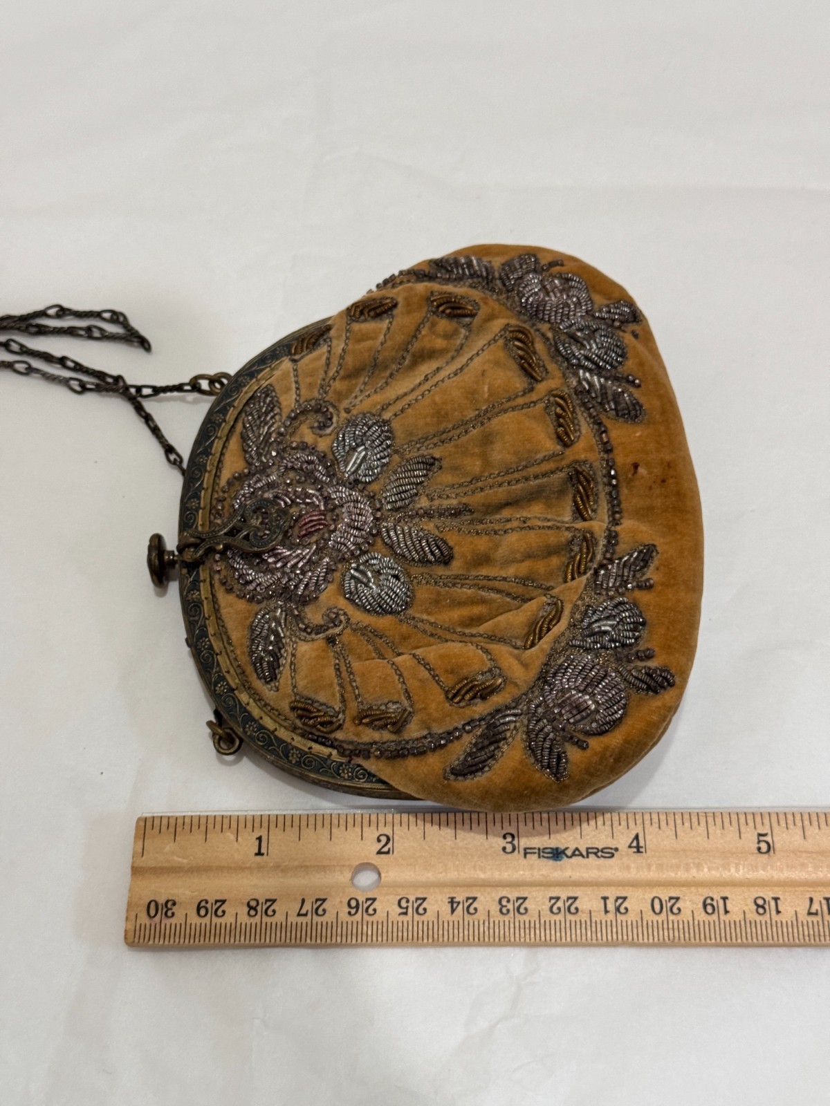 Antique 1920s German Steel Beaded Velvet Purse Ornate Brass Frame Art Nouveau