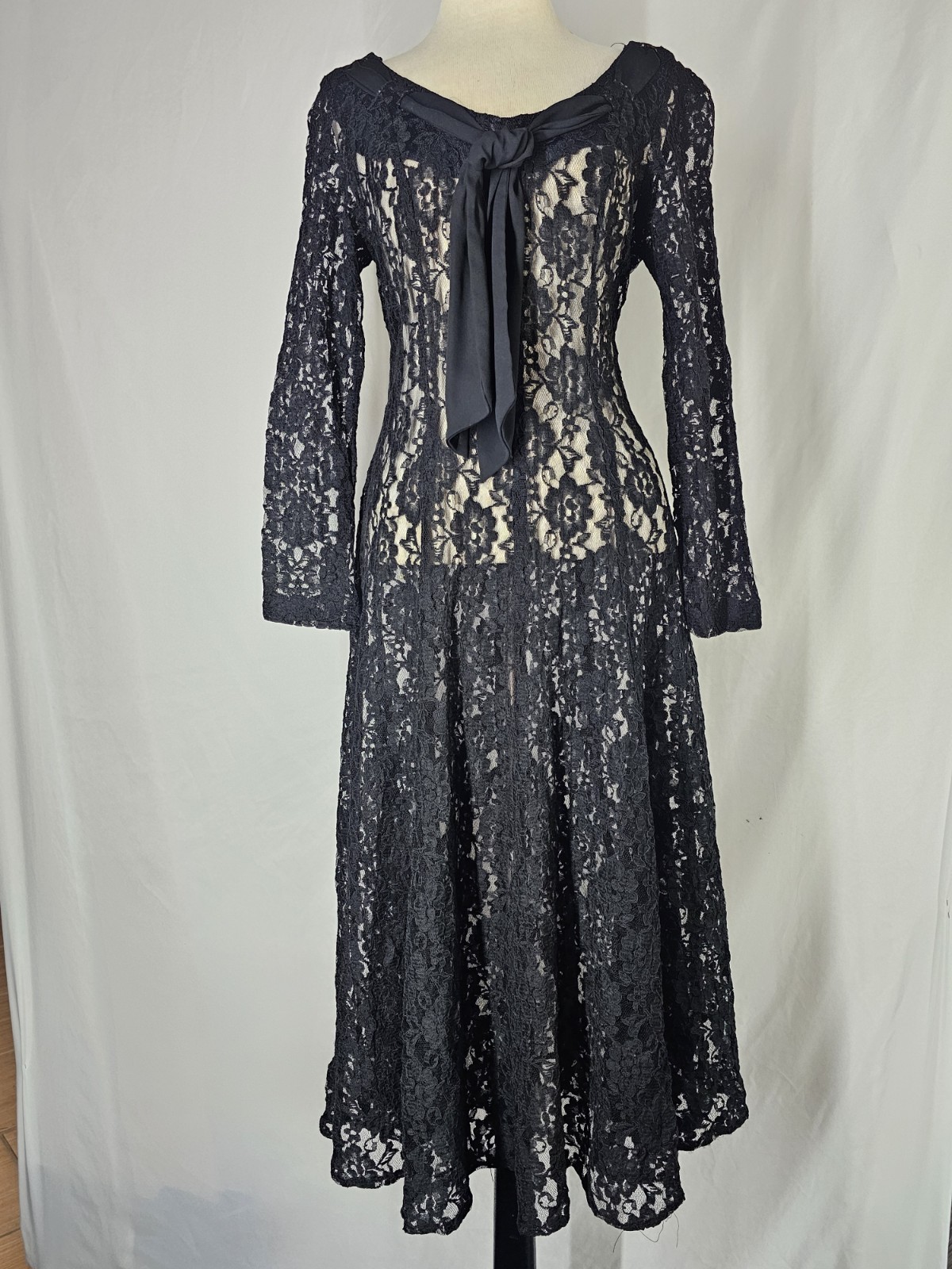 Vintage Karin Stevens Black Lace Dress Nude Illusion Bow Long Sleeve Midi