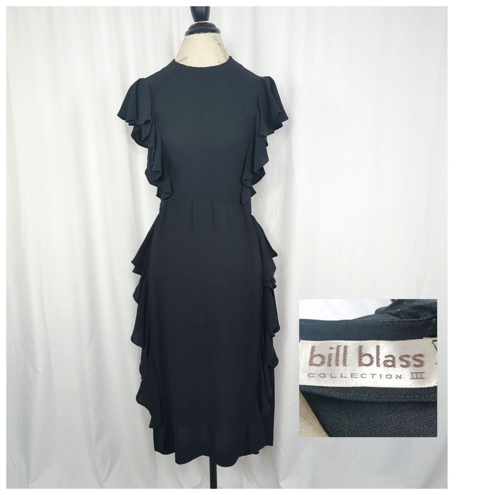 Vintage 80s Bill Blass Dress Small Black Ruffle