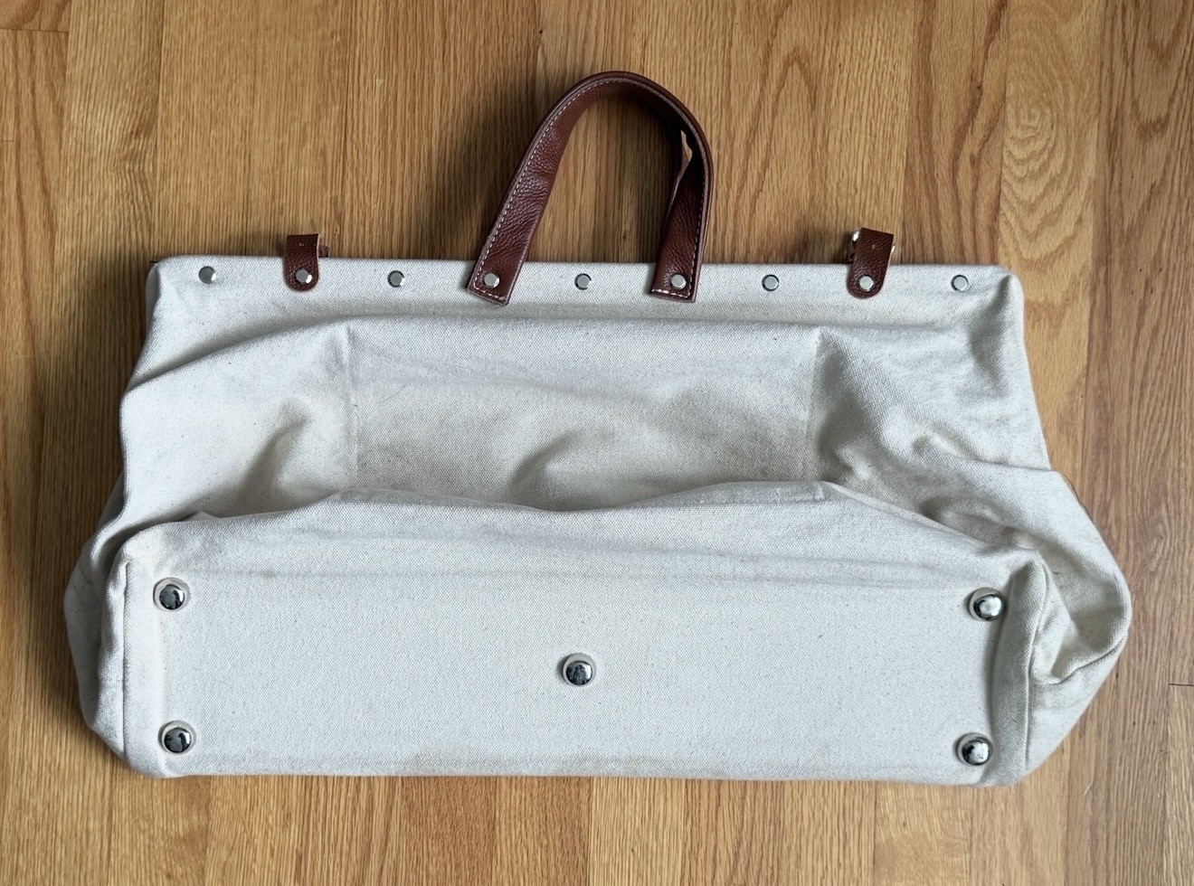Canvas Leather Box Style Bag Beige Brown Large Handles Vintage Shoulder Tote