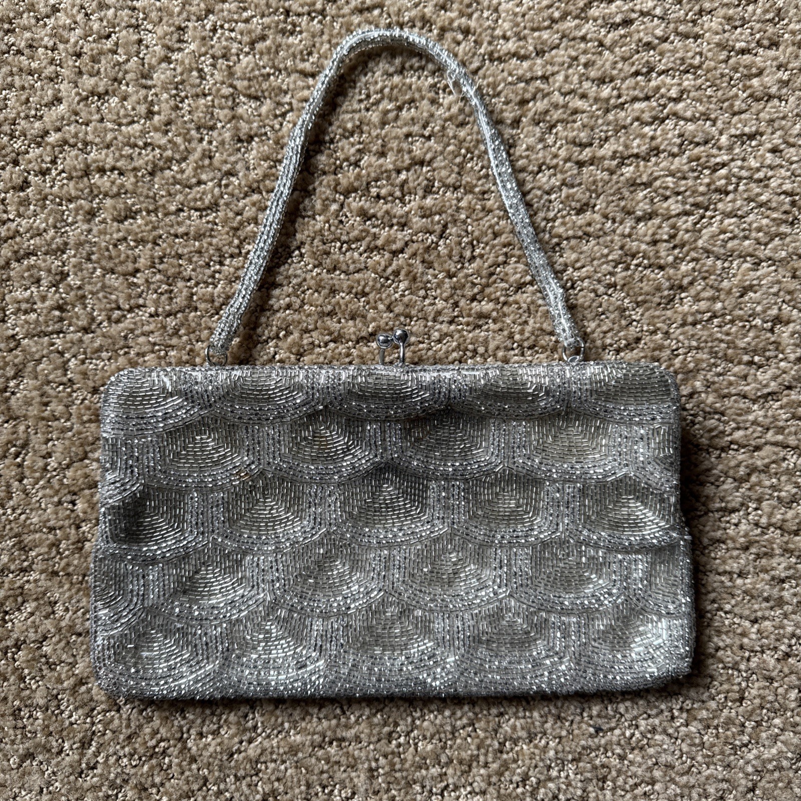 Vintage Walborg Silver Beaded Satin Evening Bag Formal Special Occasion Handbag