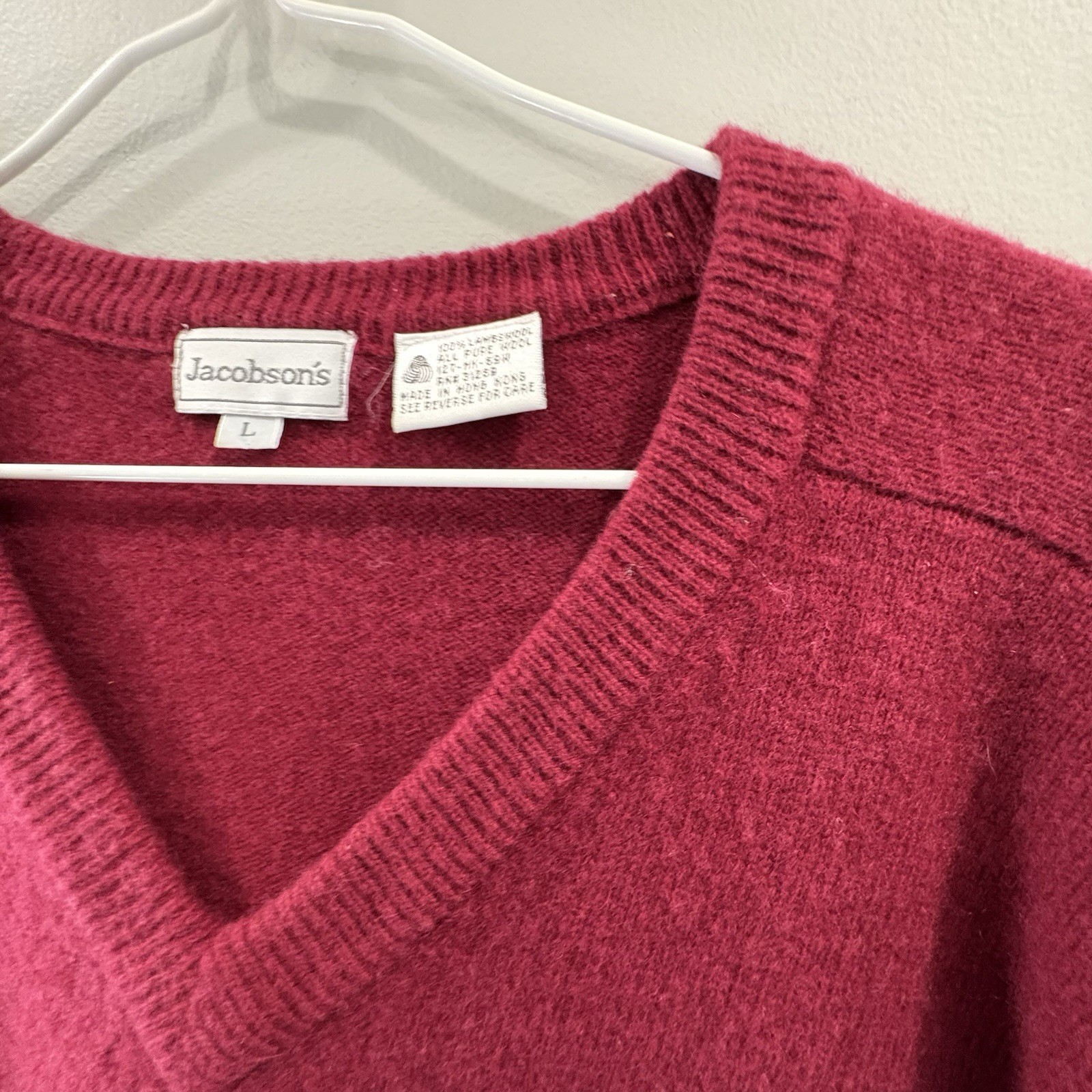Vintage Jacobson’s 100% Lambswool L Sweater Knit Pullover V-Neck Dark Red Preppy