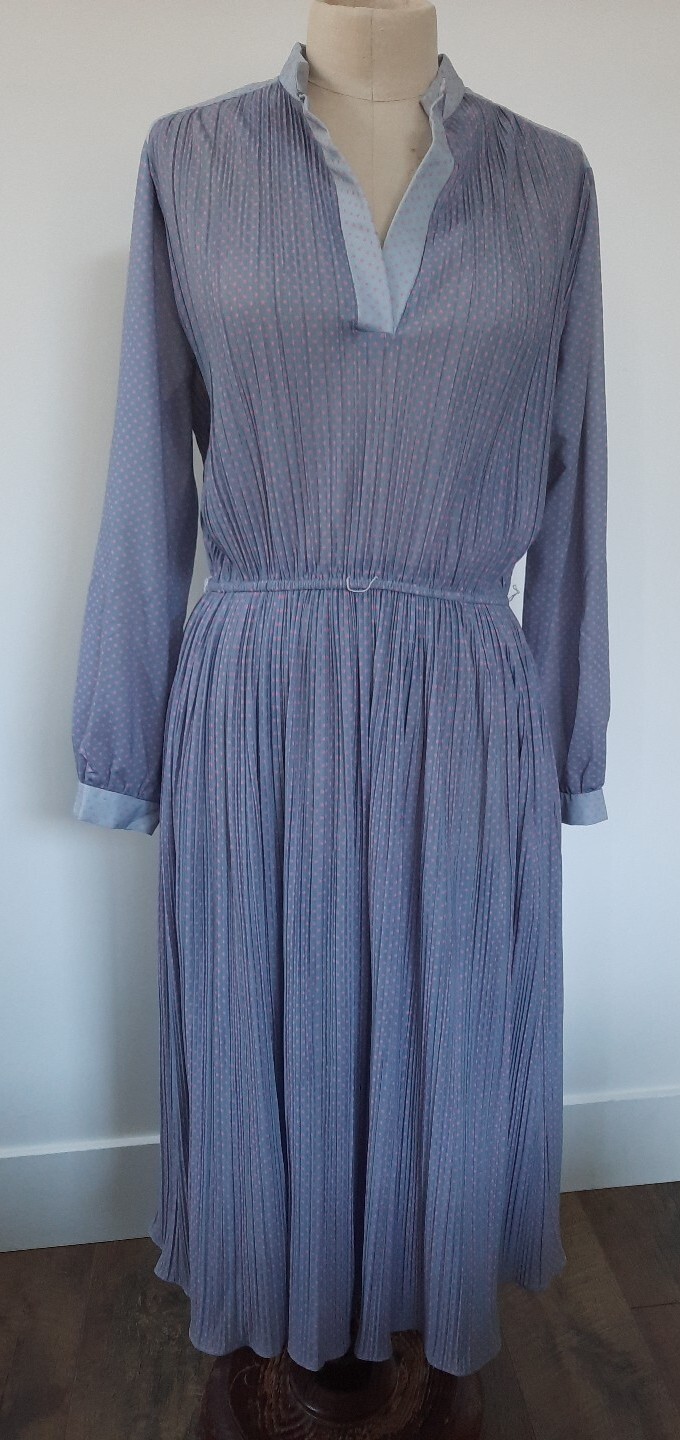 VTG Hal Ferman Midi Dress Women Size M Long Sleeve Gray Pink Polka Dots Pleated