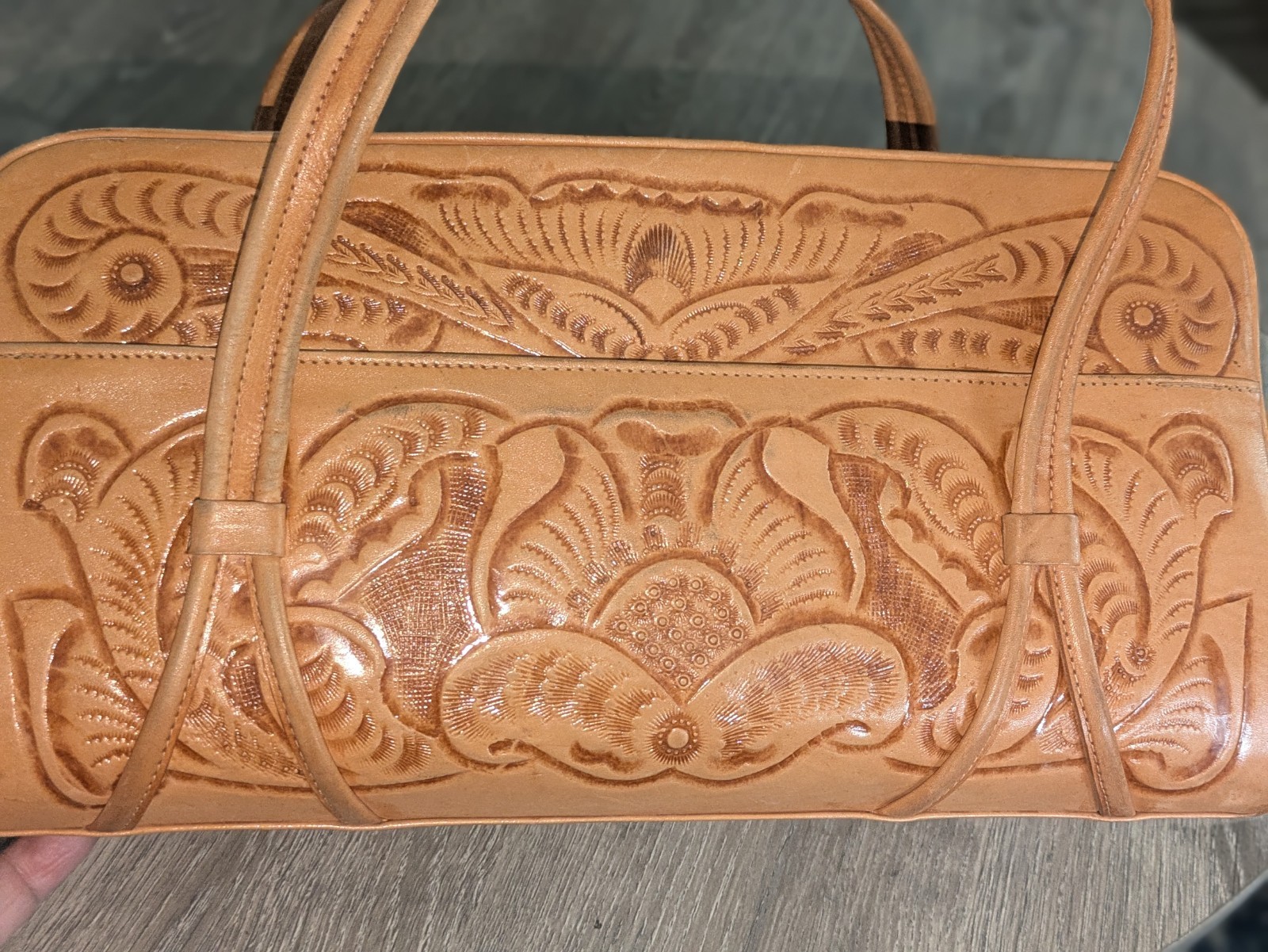 Fine Hand Tooled Tan Leather Satchel Bag 1960s Vintage Mexican Purse Mexico