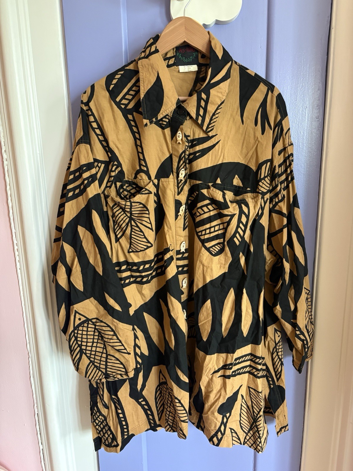 Vintage Plus Size Printed Cotton Tunic with Black Fish Leaf Pattern Size 1X-2X