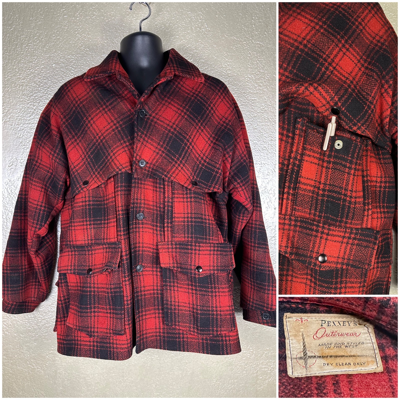 Vintage Mens 1950’s PENNEY’S Red Buffalo Plaid Mackinaw Wool Hunting Jacket 46″