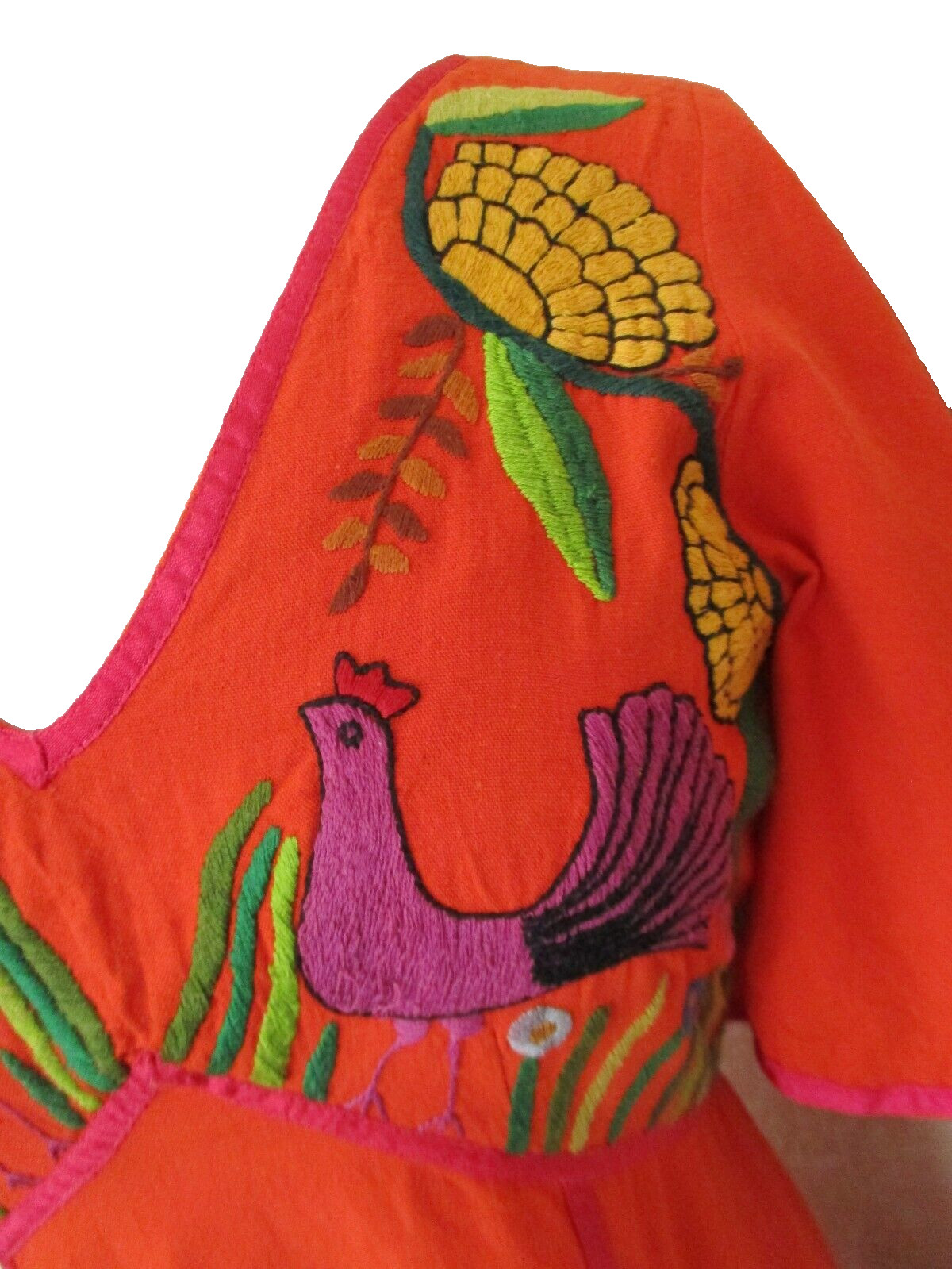 Vintage 60s Gonzalo Bauer Girasol Mexican Maxi Dress Orange Embroidered Cotton
