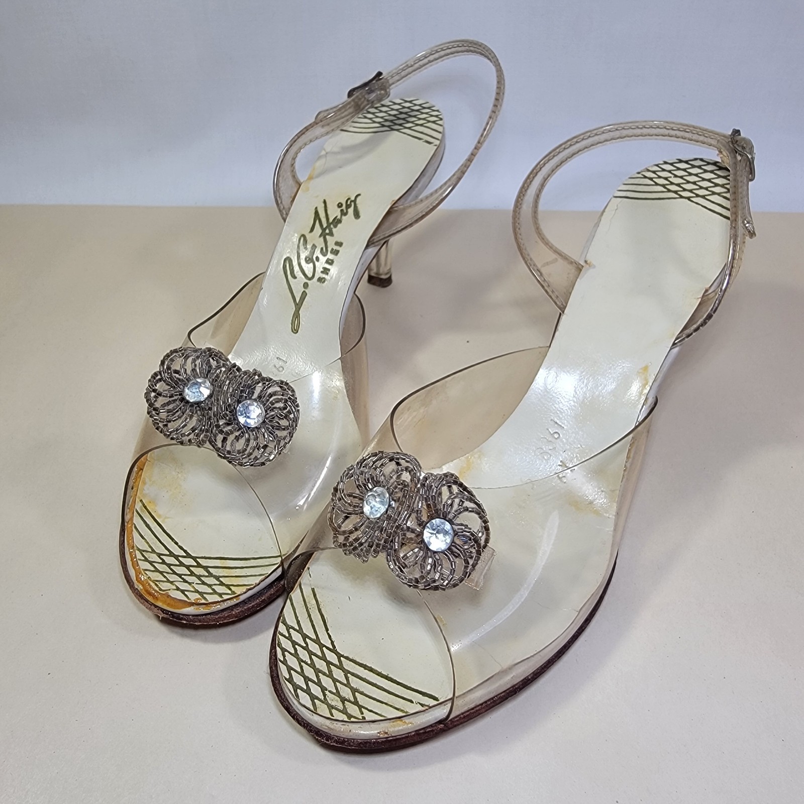 Vtg 1950s Carved Lucite & Rhinestone Heels on Clear Lloyd/Haig Shoes Sandals Sz6