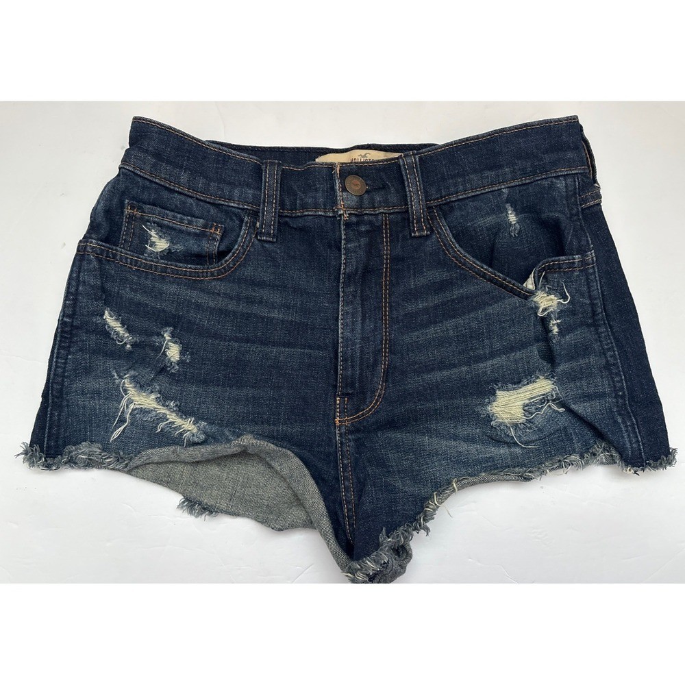 Hollister Jean Vintage Shorts High Rise Dark Wash Distressed Cutoffs Raw Hem 3