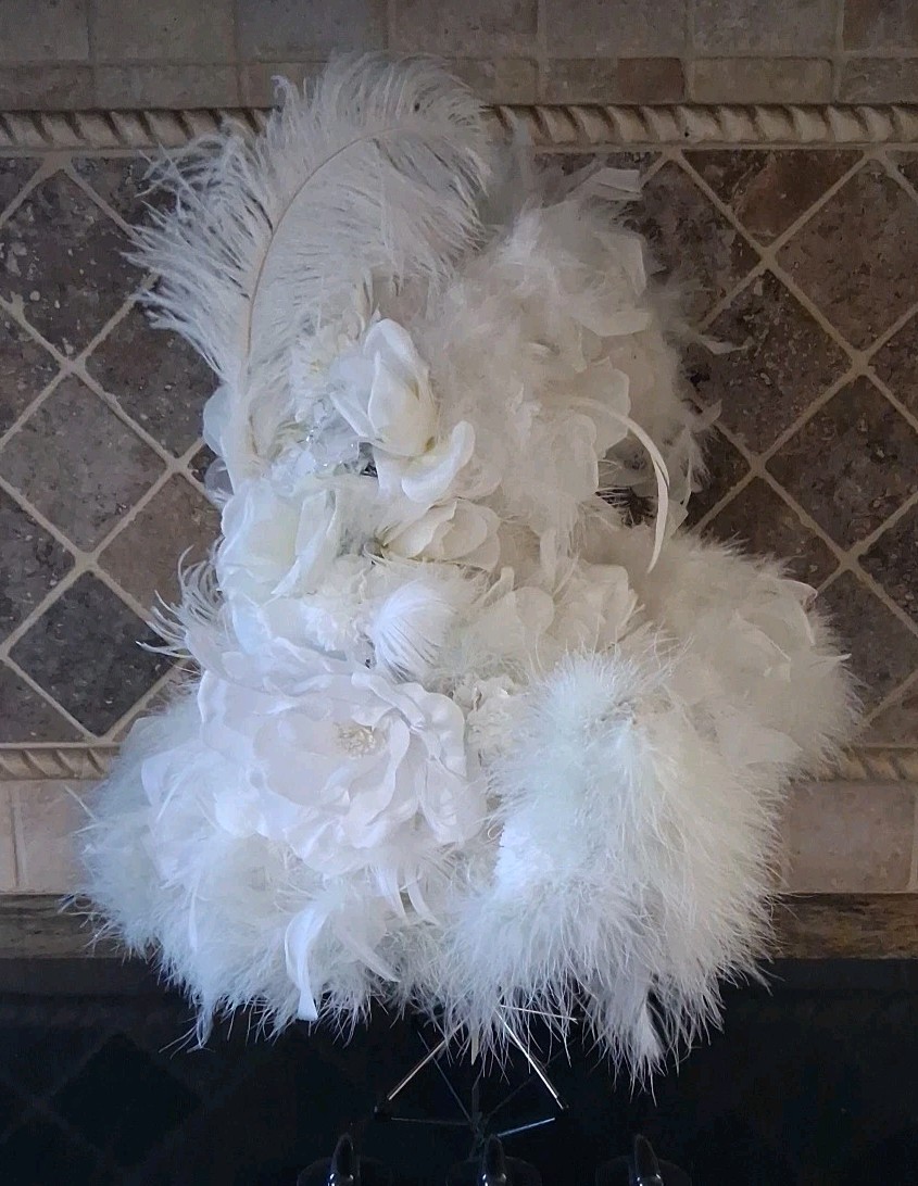Vtg White Rose & Carnation w/ Feather Oblong Hat 23″ Long 16″ Across 14″ Tall