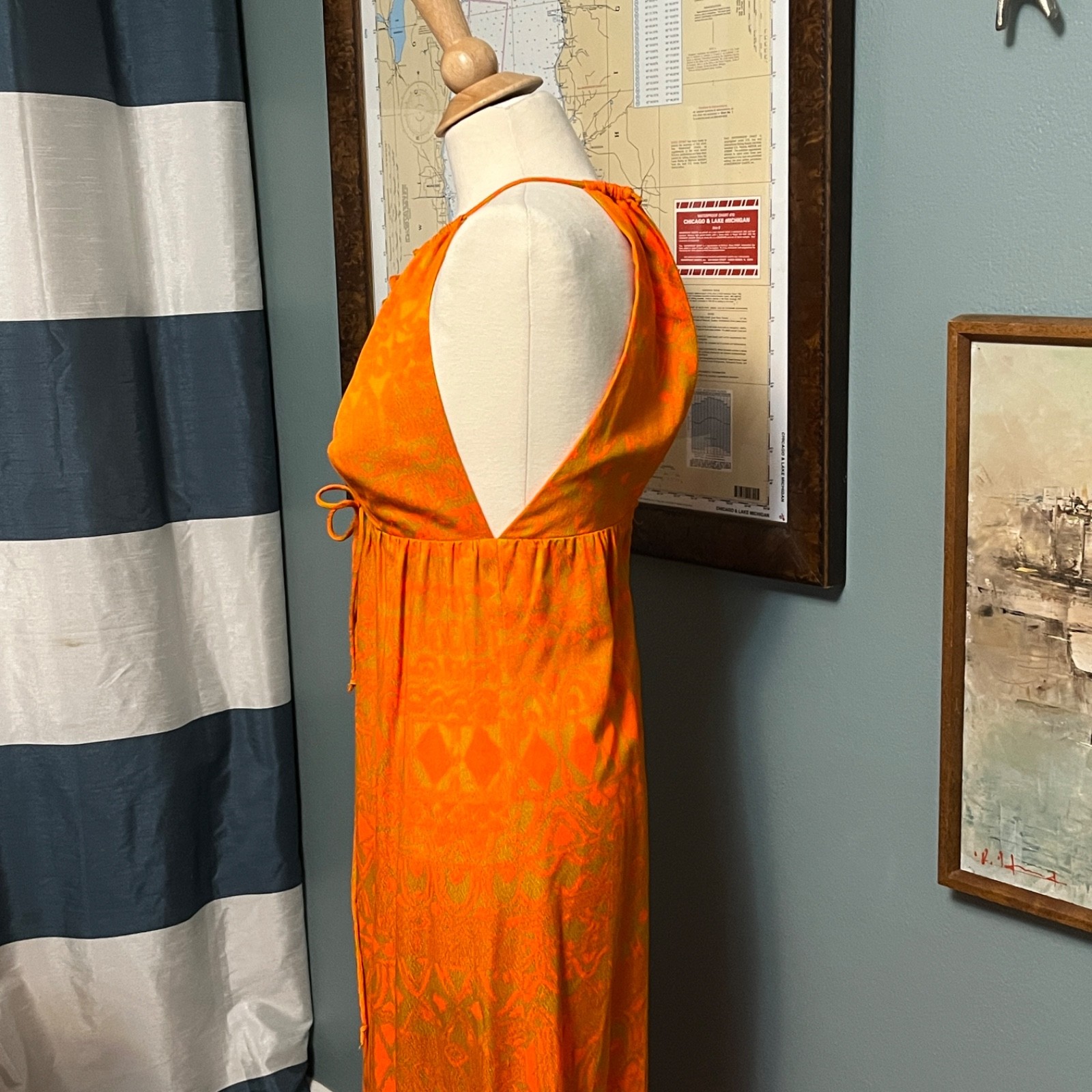 Vintage Dress Fumi Waikiki Maxi Midi Barkcloth Hawaiian 4 6 Long Lace-up Orange