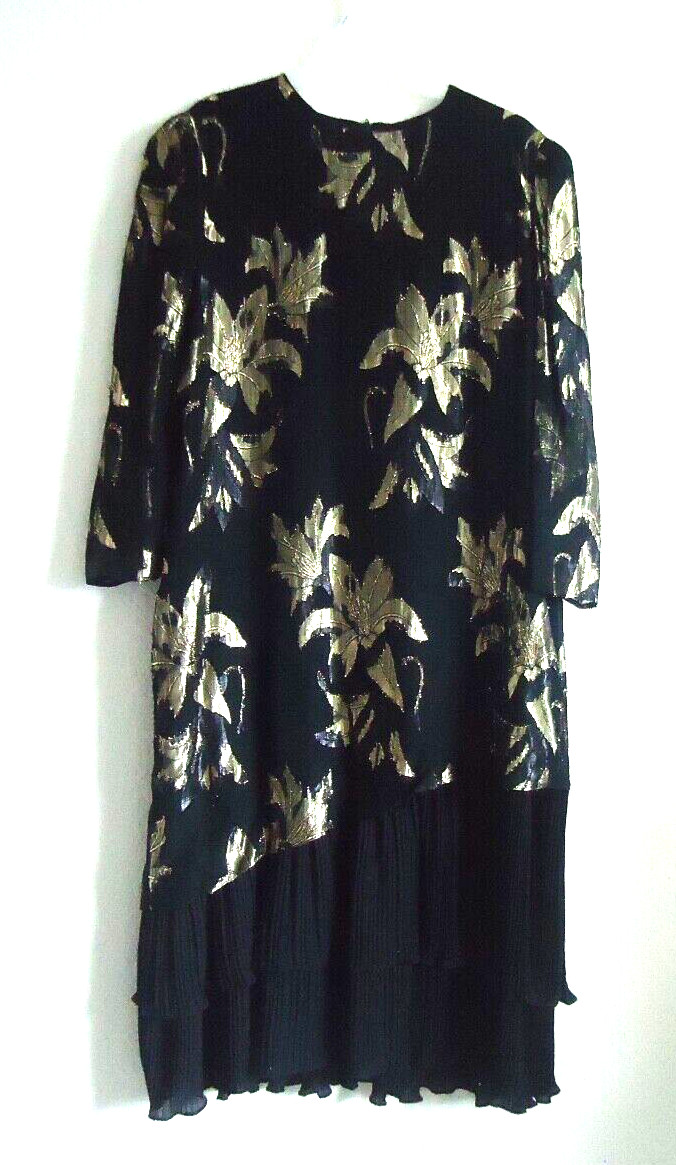VINTAGE PATRA GOLD METALLIC FLORAL OVER BLACK DRESSY TUNIC & BLACK SATIN SKIRT