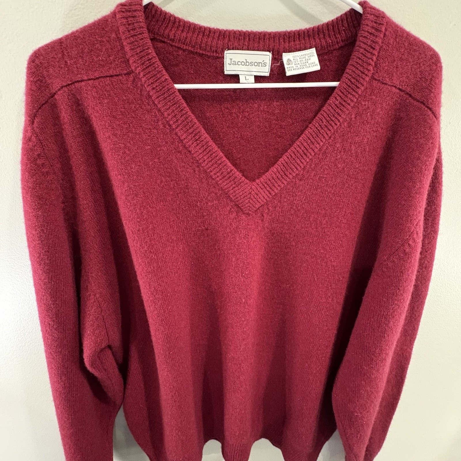 Vintage Jacobson’s 100% Lambswool L Sweater Knit Pullover V-Neck Dark Red Preppy