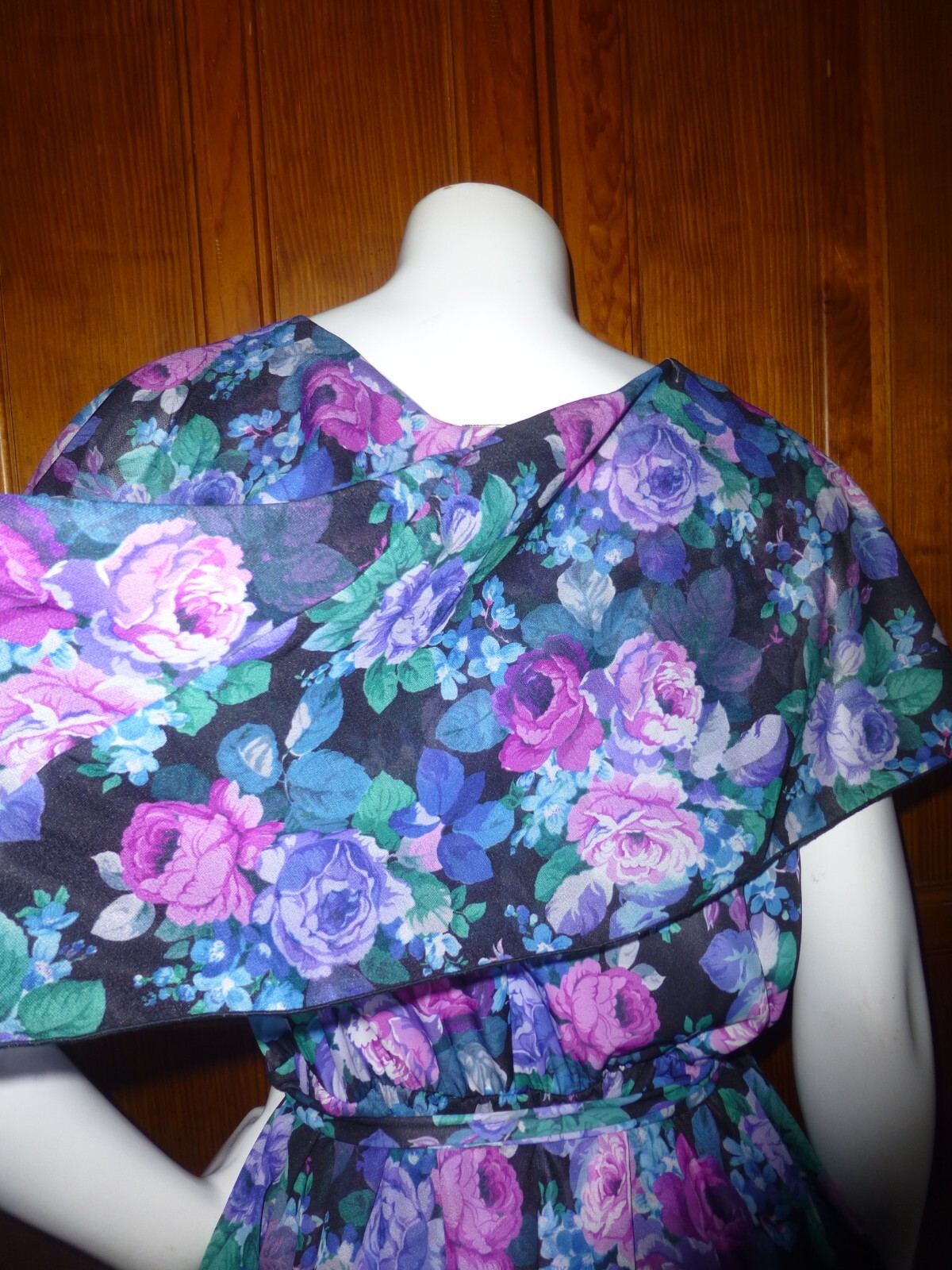 Vtg 80s Silky jersey English rose Print Cape boho Garden belted midi Dress L