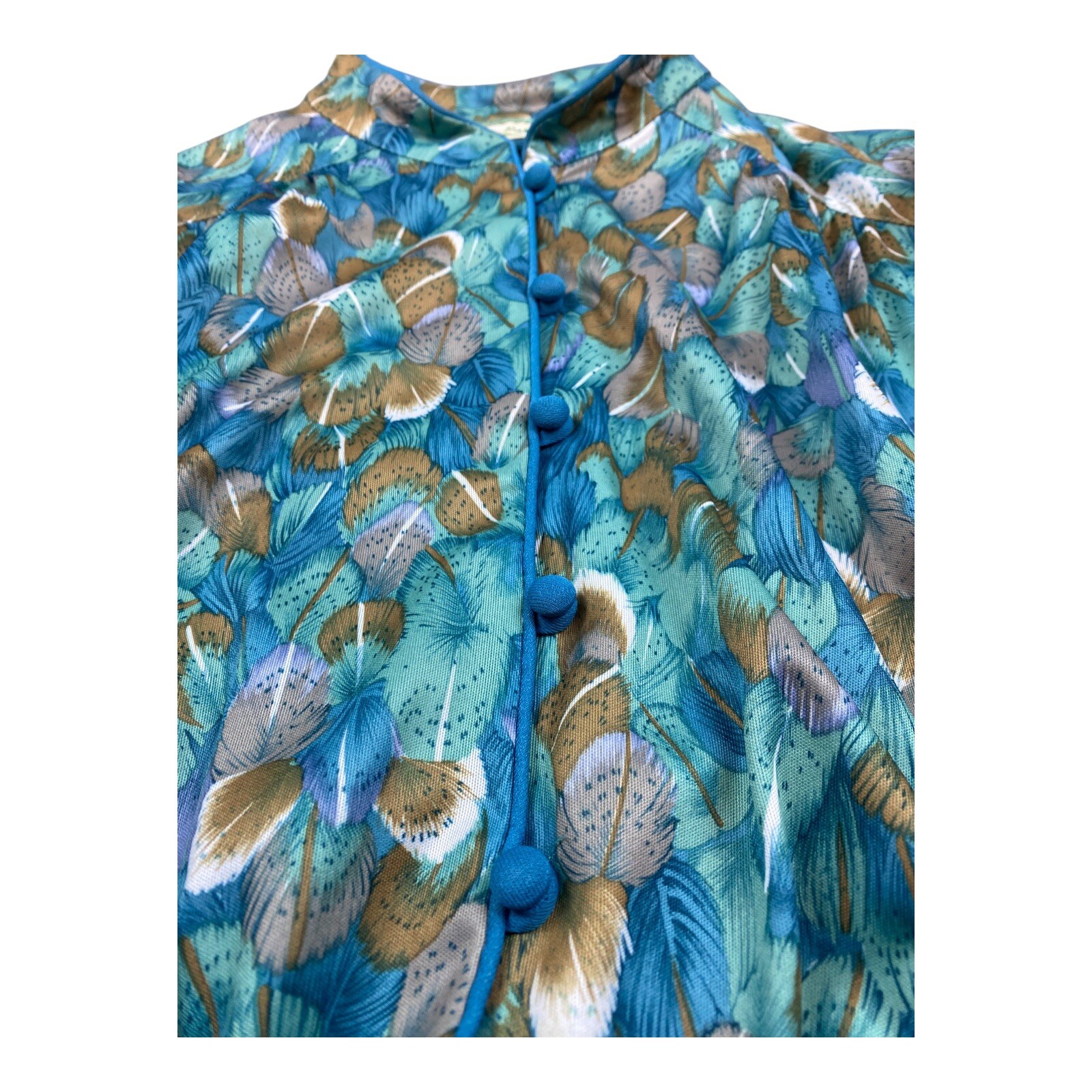 Vintage 1970s Long Sleeve Feathers Dress High Neck Cinched Waist Full Skirt Boho