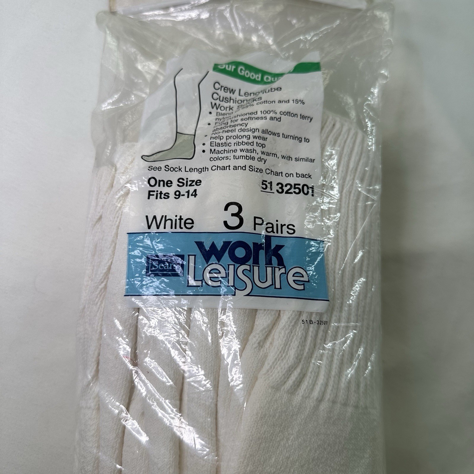 Vintage Sears Work Leisure Crew Socks 3 Pair White Cushioned Tube Socks USA 9-14