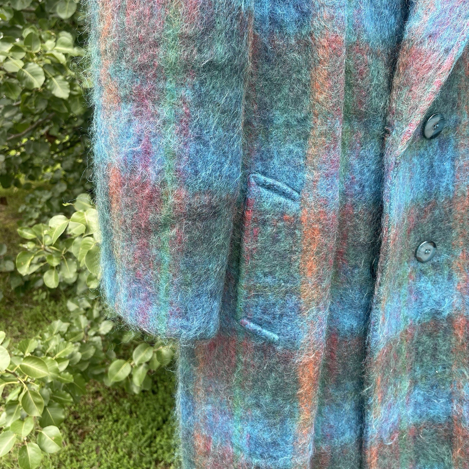 Vintage 70s 80s RIEL Coat Company Blue Rainbow Mohair Long Jacket Union made