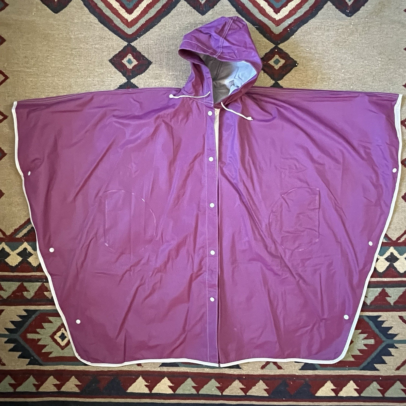 Vintage 80s Rain Poncho Adult Unisex PVC Vinyl Magenta/Gray Jacket