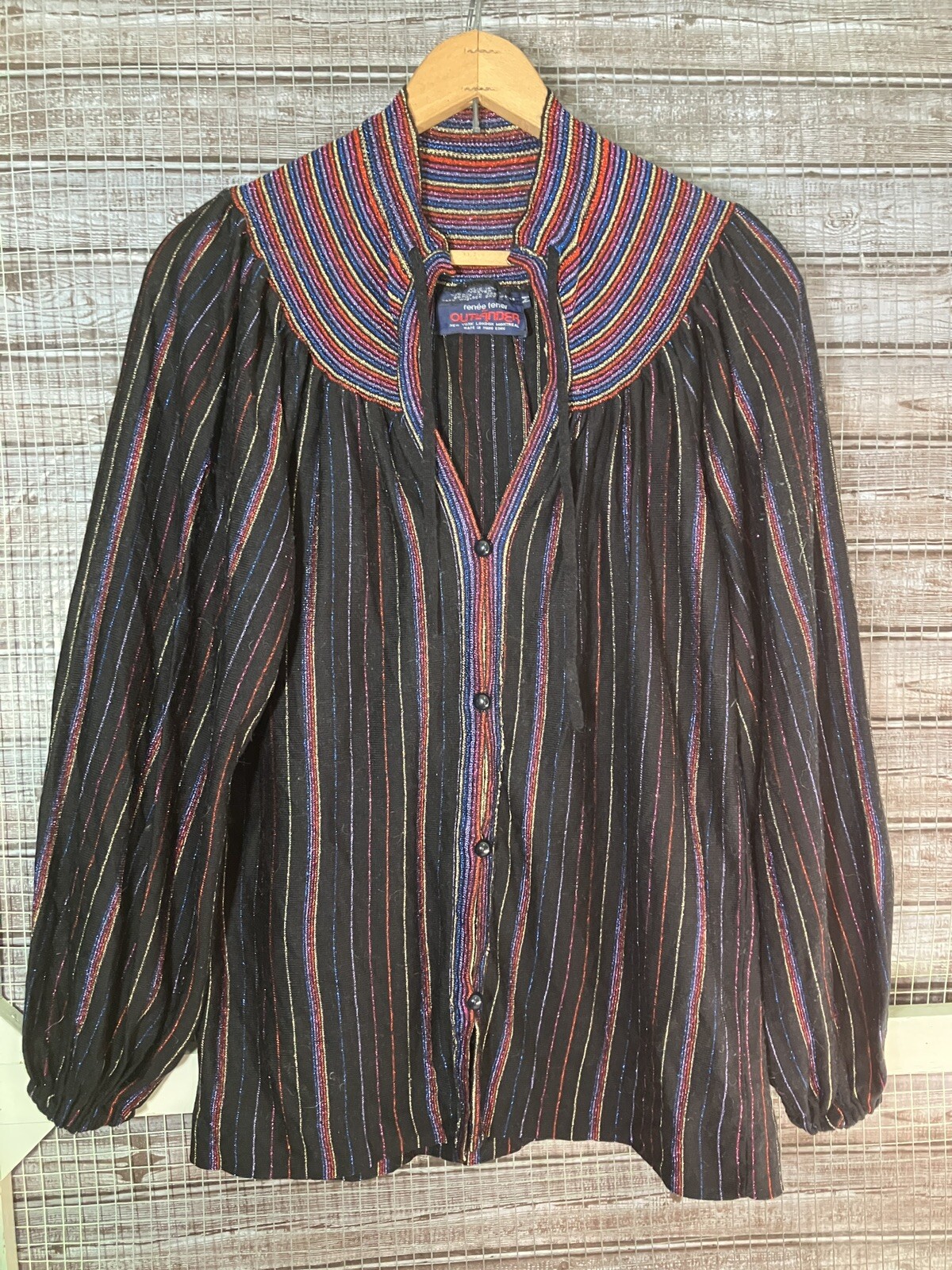 Vintage 80’s Metallic Thread Peasant Top Ruffle Tie Neck Goth Dark Academia Sz M