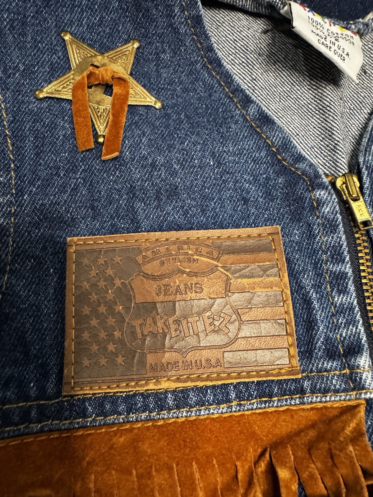 Vintage Take It-Ez Kids Unisex Denim Vest Size 1-2 Blue/Brown Fringe Zip Front