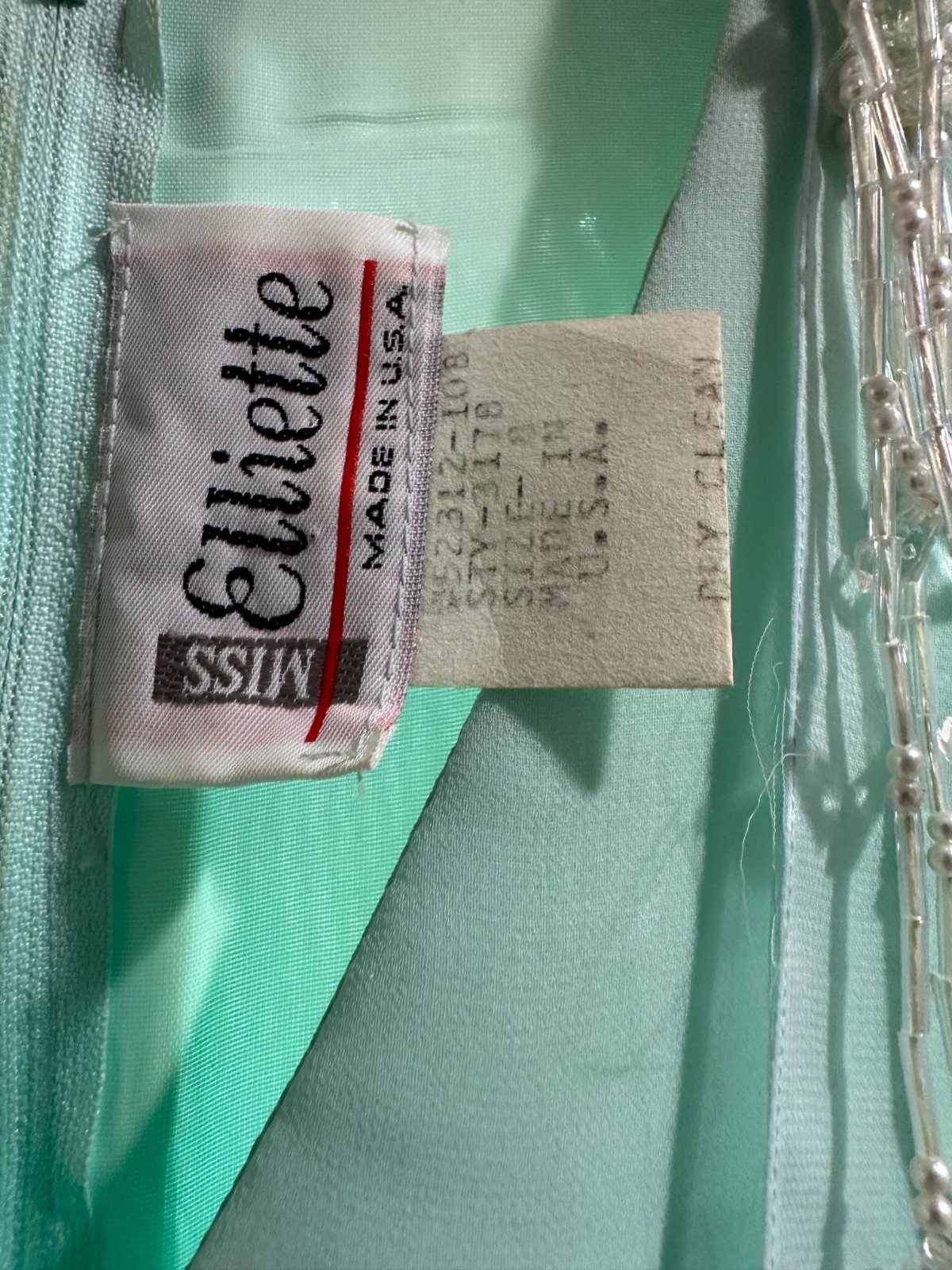 Vintage 1970-80’s Miss Elliette Aqua Green Lined Chiffon Dress w Beaded Shoulder