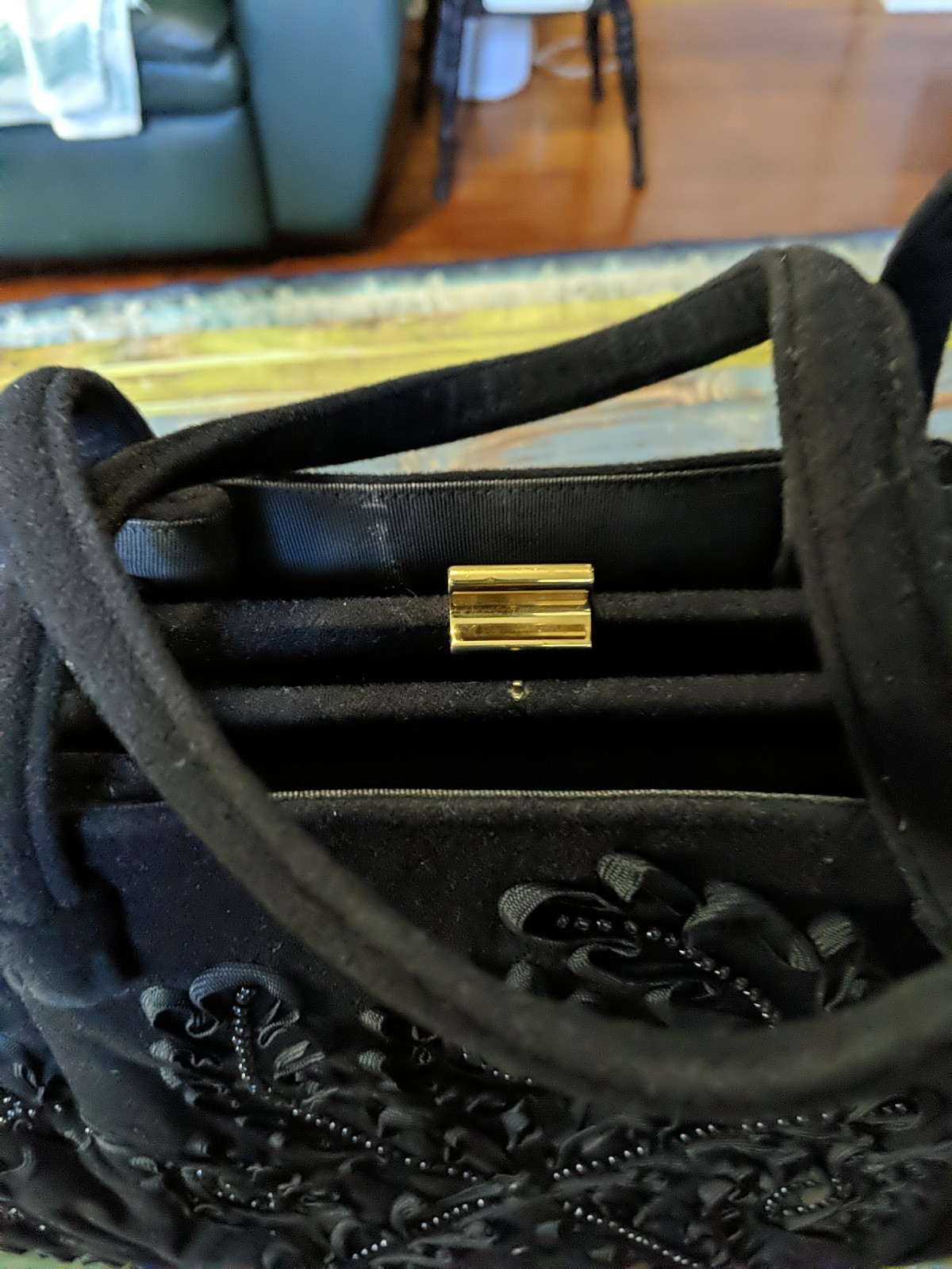 Vintage Sour’e Handbag , New York,Black Wool. Beaded Leaf Design, Beautiful…