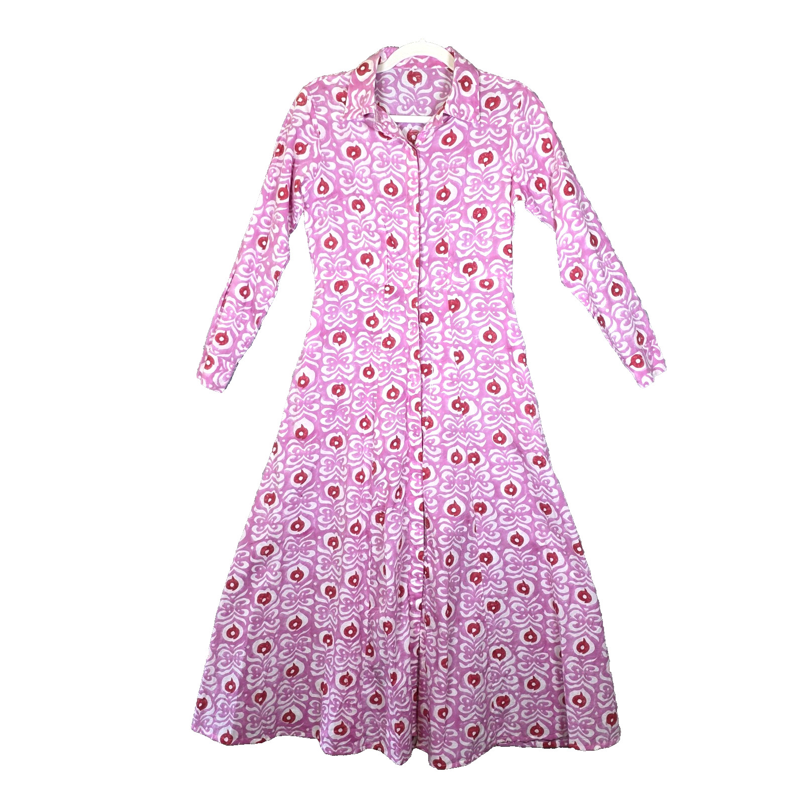 Vtg 70s Pink Psychedelic Damask Print Shirt Dress Maxi Button Front Pockets S
