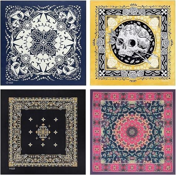 4-pack 100% Cotton Bandana Set, Vintage Graphic Print, 22×22 Inches