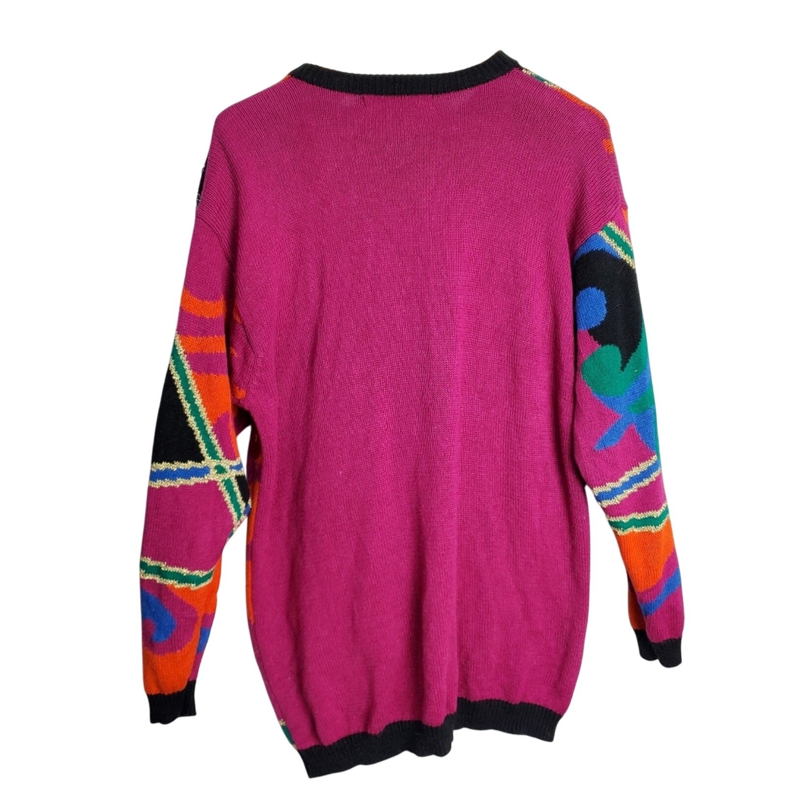 Vintage Colorful Sweater Womens Medium Bright Pink Knit Beaded Glam Rock 90s