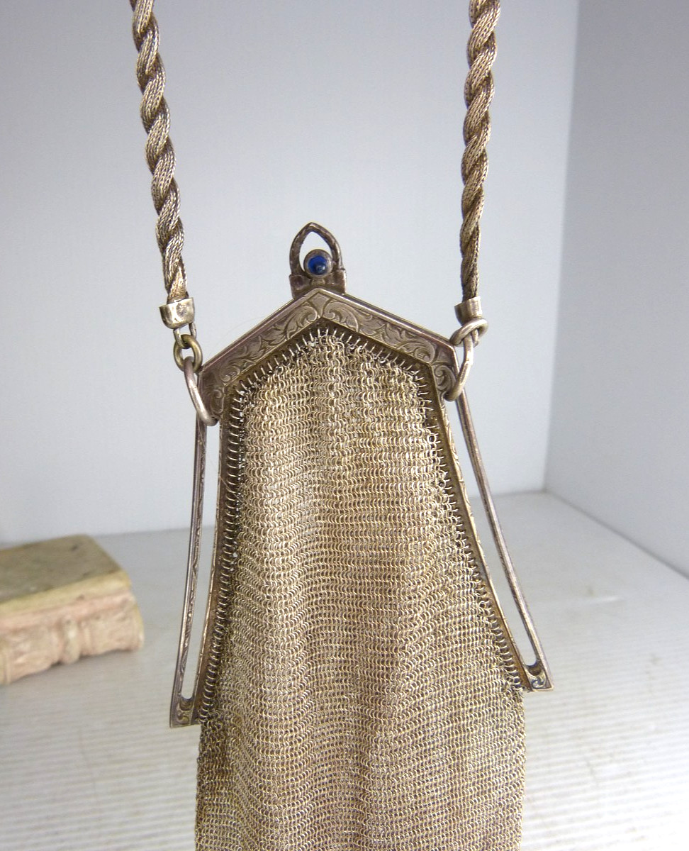 Vintage Whiting & Davis Art Deco Silver Mesh Purse Sapphire Clasp Estate Find !