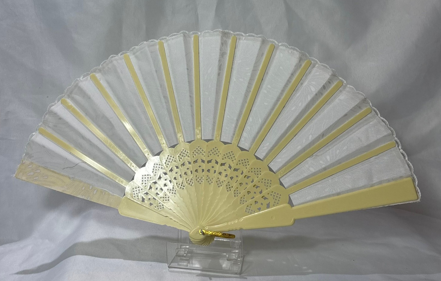 Cream Synthetic Folding Fan Moon & Starburst Design Plastic Sticks / Guards