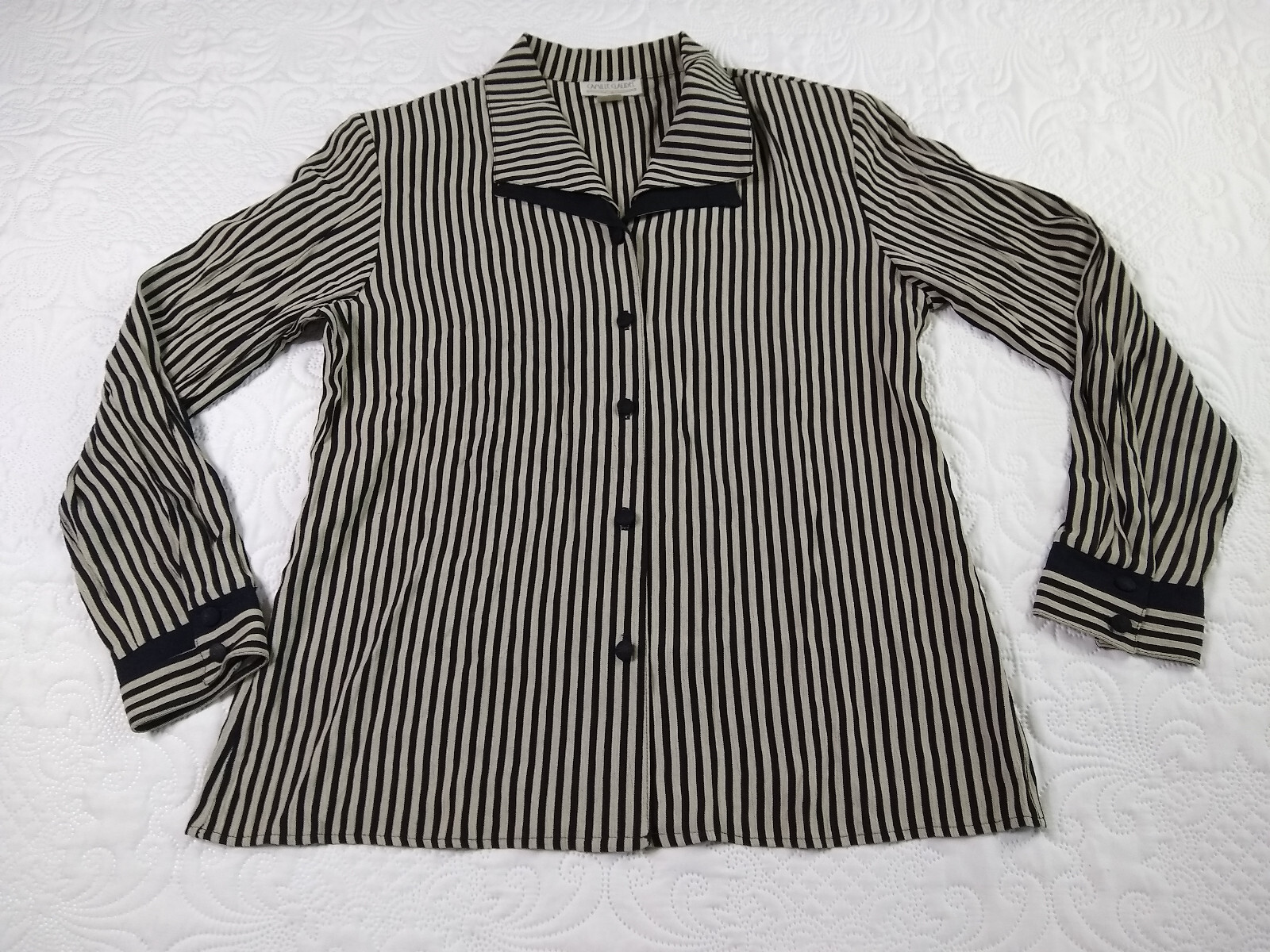 Camille Claudel Blouse Womens L Black Gray Stripe Button Down 80s Vtg USA NOS