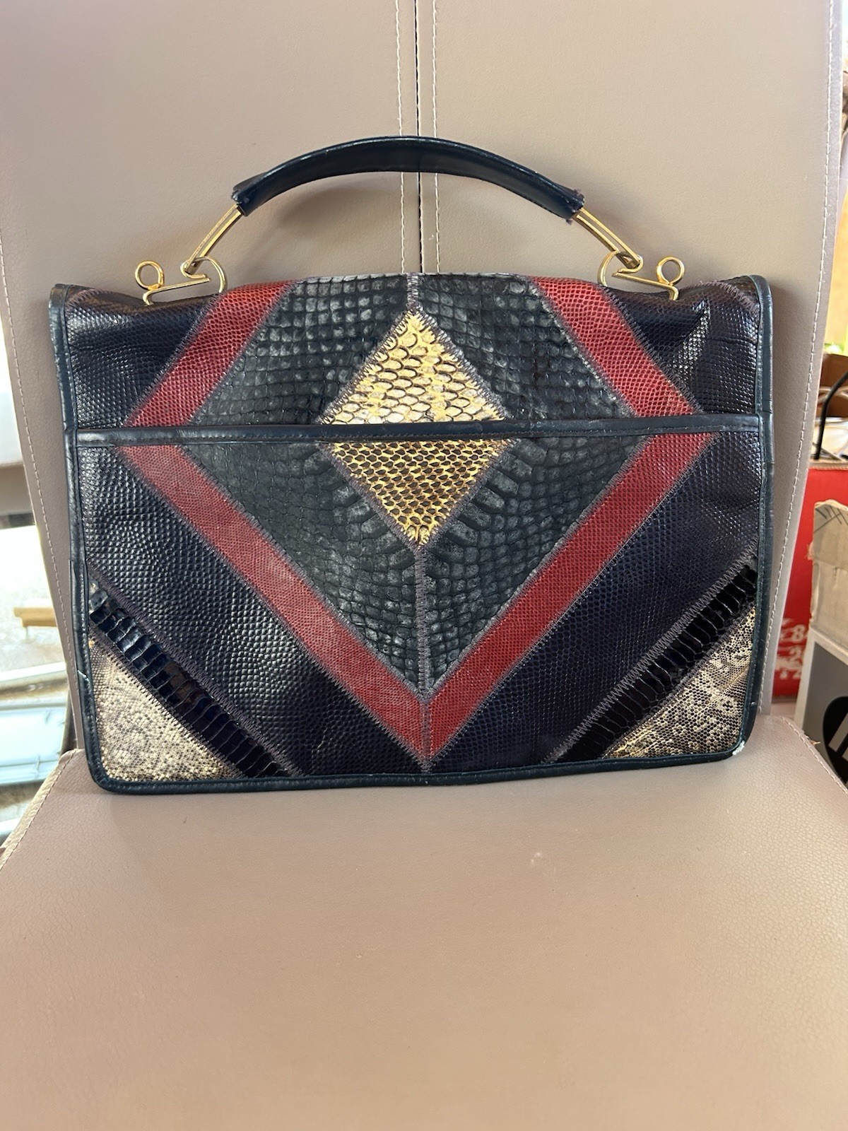 Snakeskin Geometric Top Handle Bag in Navy Blue Red Gold Eveningwear