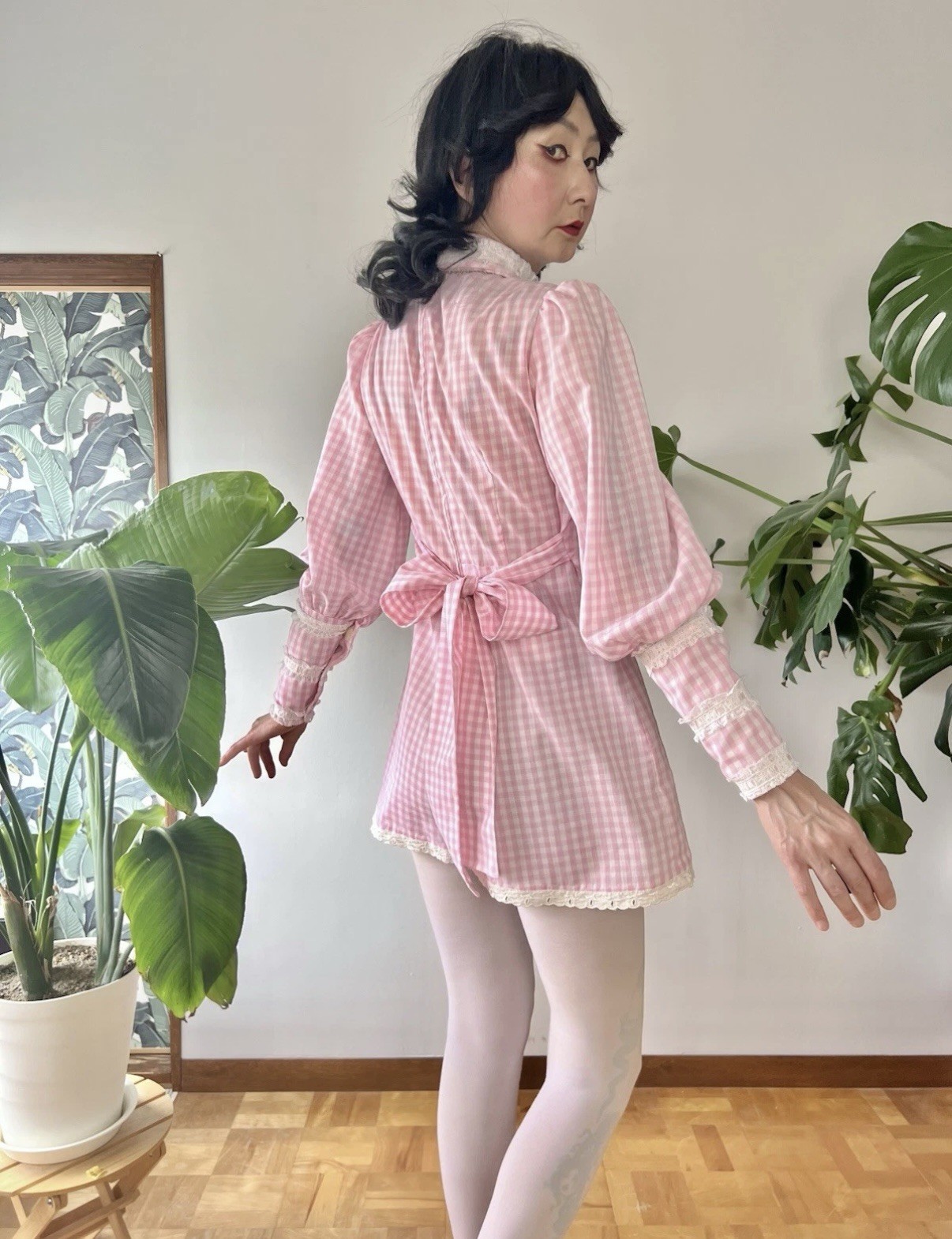 60s 70s Pink Gingham Babydoll Micro Mini Dress Lace Trim Puff Sleeve Mod XS/S