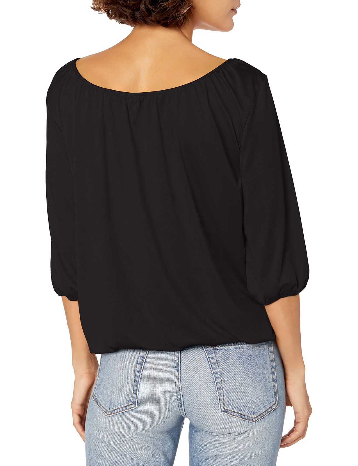 Star Vixen Women’s Petite 3/4 Sleeve Tieneck Elasticized Peasant Top, Black, PL