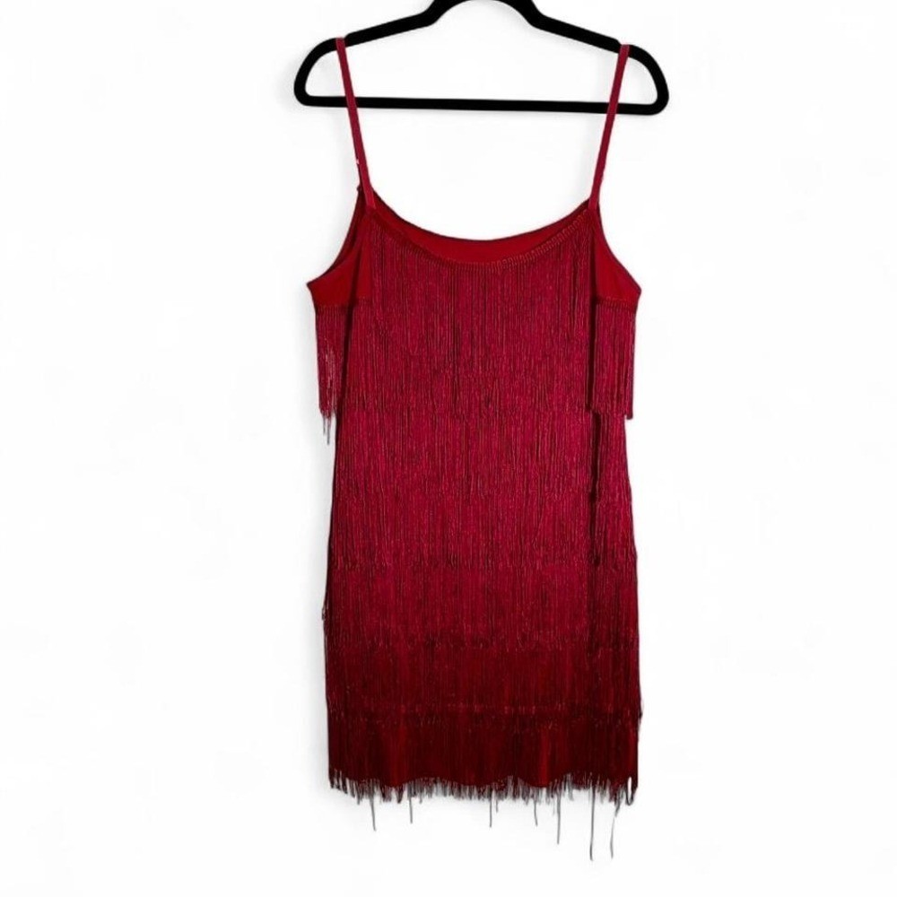 Red 1920’s mini dress flapper inspired fringe adjustable straps gatsby party L