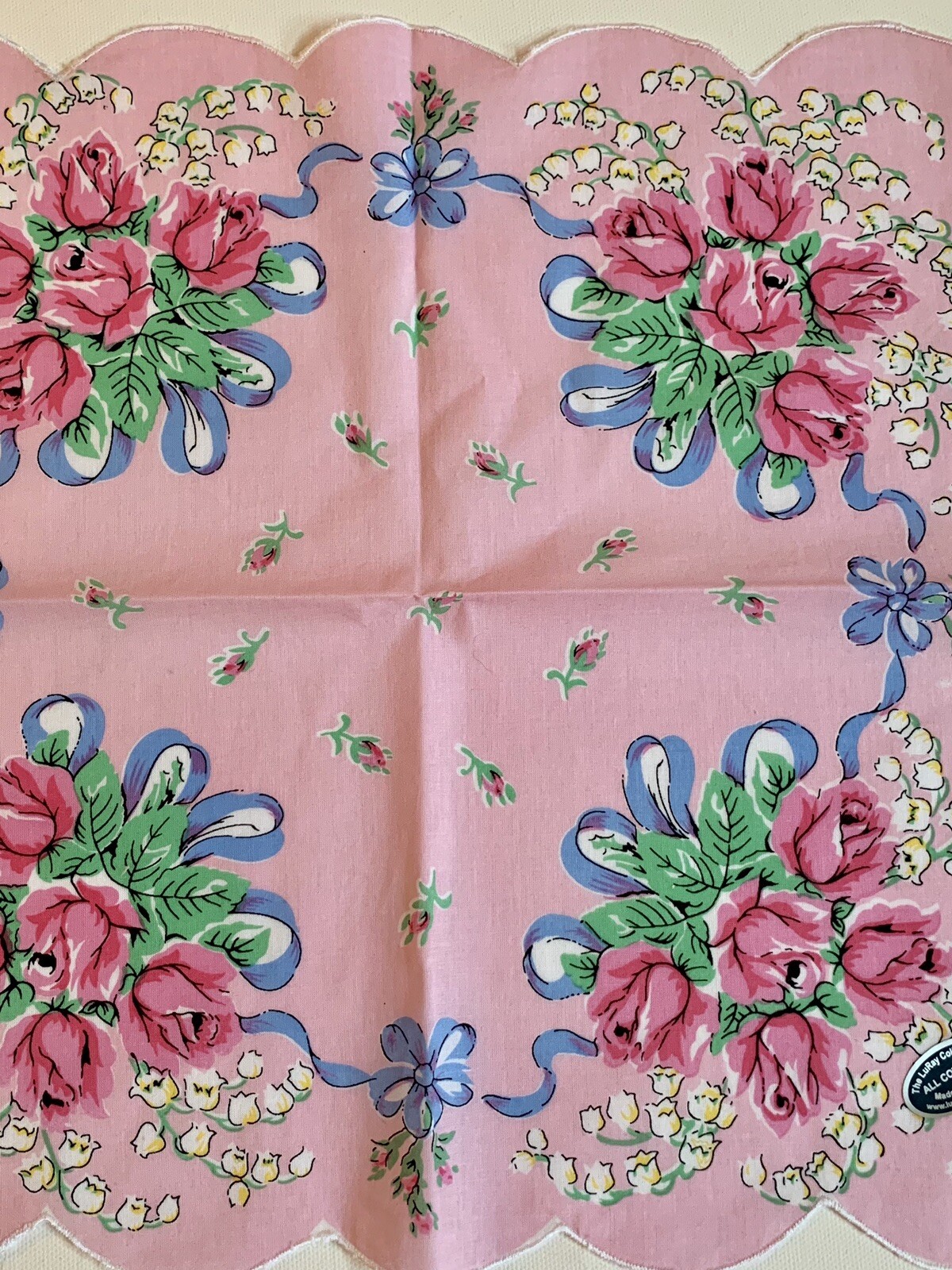Beautiful New Pink Roses & Lily Of Valley Floral Handkerchief – LuRay Hankie!