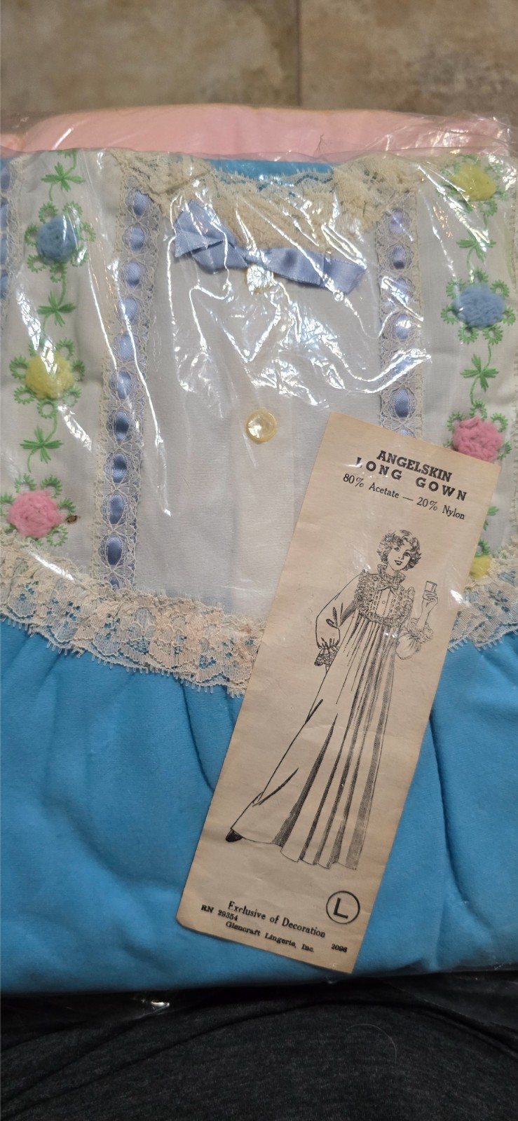 VTG Glencraft Lingerie Blue AngelSkin Nightgown Long Gown NWT Size L Embroidered