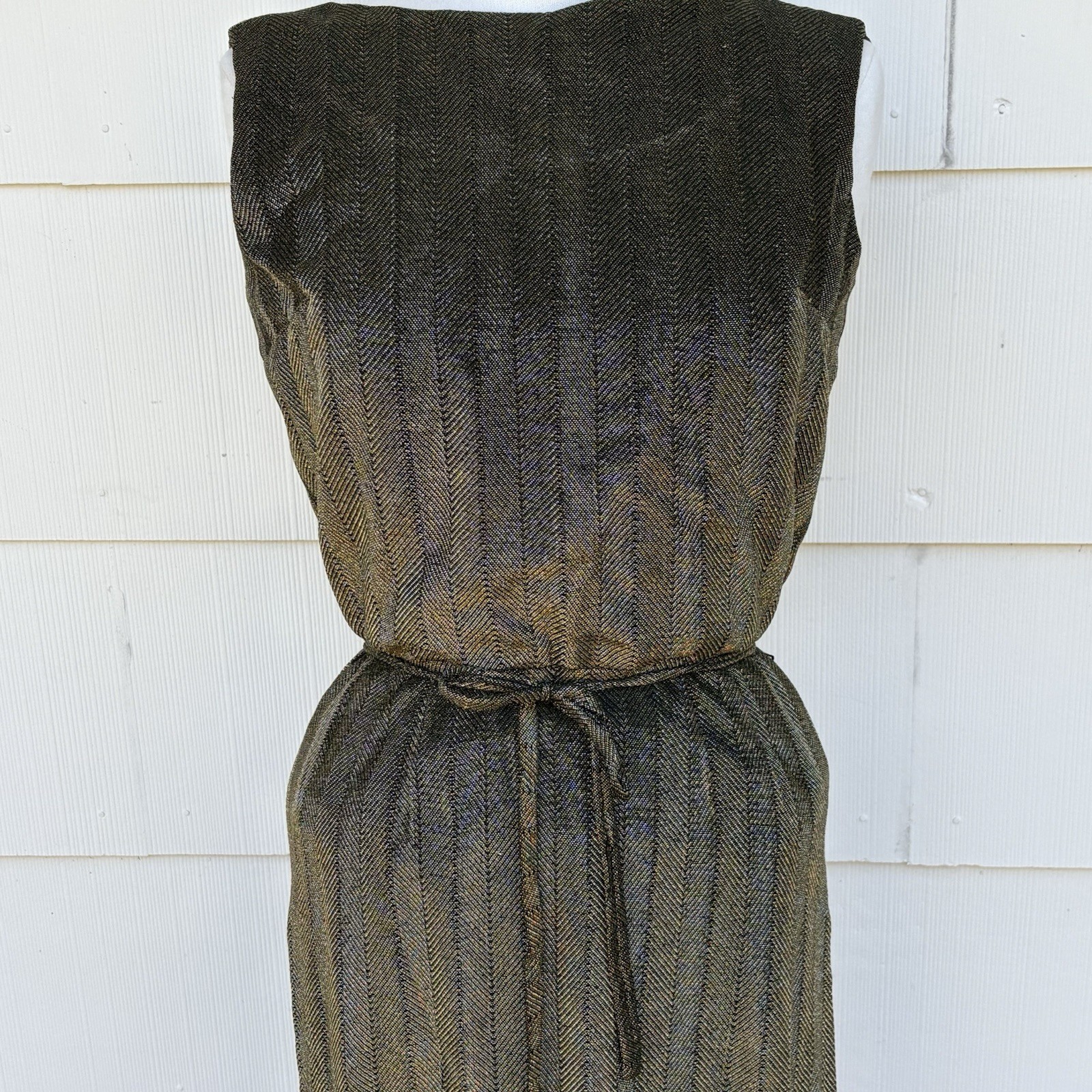 Vtg 60’s Gold Lame Metallic Wiggle Sress Sleeveless Pencil Cocktail Party Gown