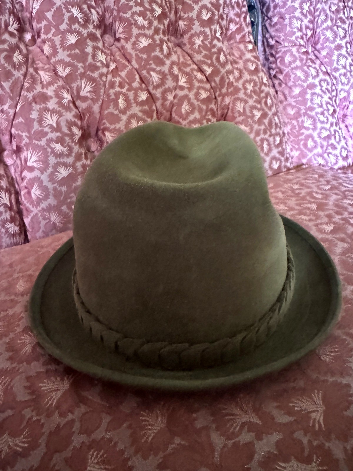 Vintage Borsalino Fedora Hat Olive Green Fur Felt Sz 7.5 Maybrooks Italy
